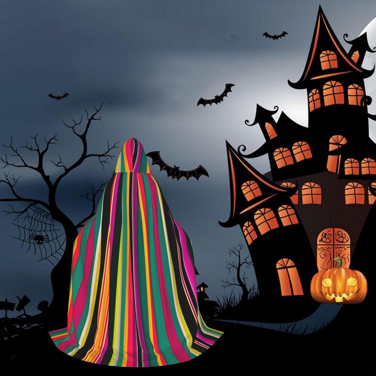 Rainbow Colored Striped Print Renaissance Hooded Cloak Costume Clothes Halloween Medieval Costume Cape for Women Men