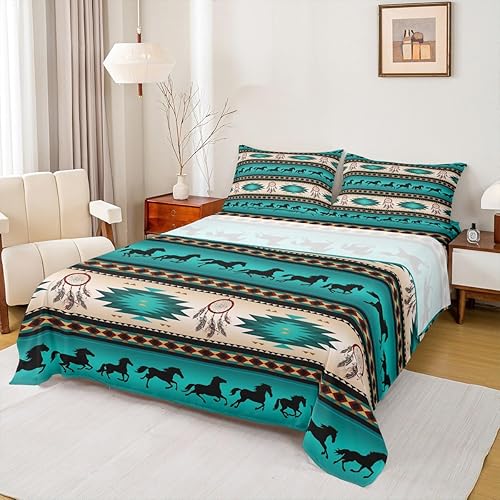 Miniatura 2 de Juego de sábanas para cama de caballos, atrapasueños para niños, adolescentes, hombres, hombres, sábana bajera con estampado de caballos tribales