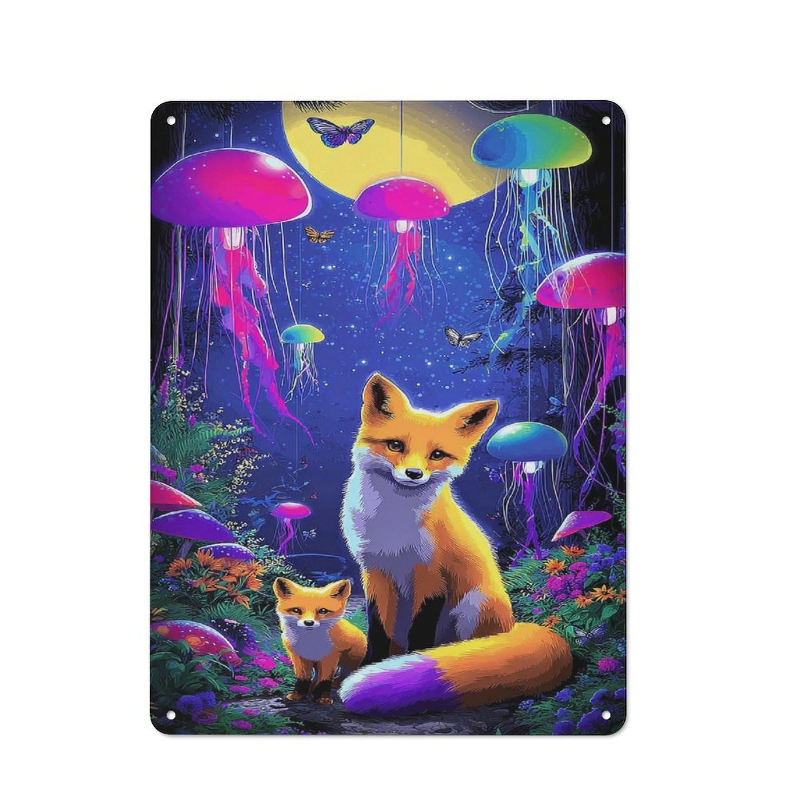 Junmoney Enchanted Forest With Foxes And Jellyfish Lig Hts Printed Metal Sign 40X30cm For Home Office Or Studio, For Winter Room Styling In Home Office And Studio