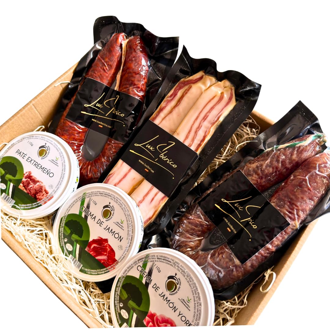 Lux Ibérico Lote Platon - Patés Extremeños, Panceta y Embutido | Chorizo y salchichón ibérico, panceta curada y tres patés extremeños para untar. Aperitivo completo listo para regalar.