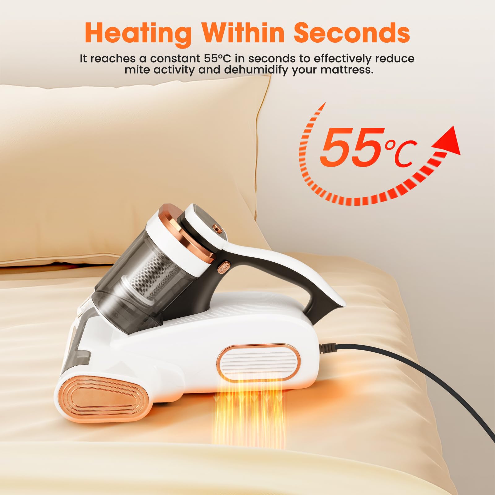 Aspirateur Matelas Anti Acariens, 13Kpa Aspiration Aspirateur Lit avec Lumière UV -C de 253,7 nm LED Aspirateur Matelas Ultrasons Chauffage Machine de Nettoyage Élimine 99,9 % des Bactéries Allergènes