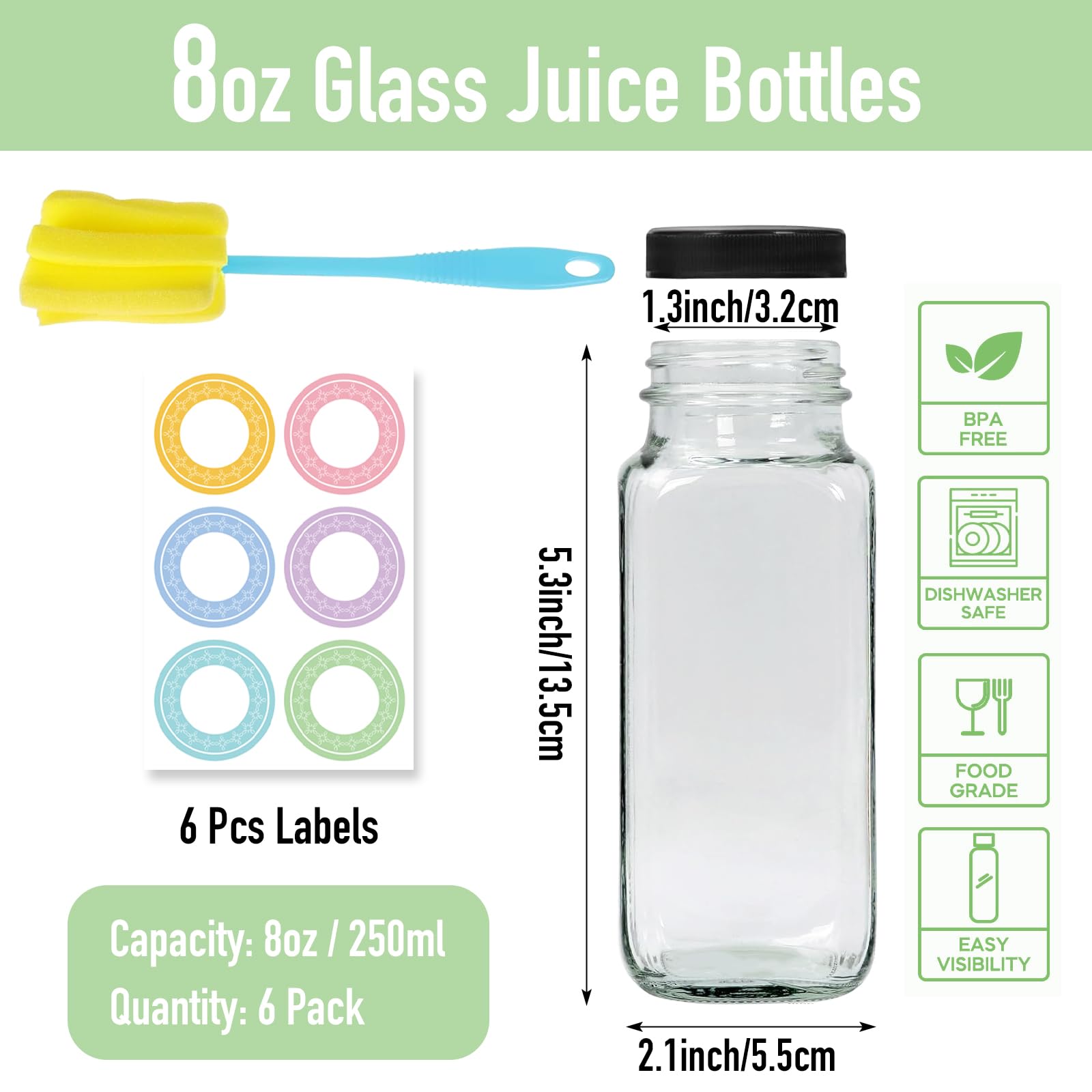 NEWMIAO Paquete de 6 botellas de jugo de vidrio de 8 onzas con tapas, botellas de agua de vidrio reutilizables de 250 ml, recipientes vacíos para bebidas con cepillo, para leche, jugos, kombucha,