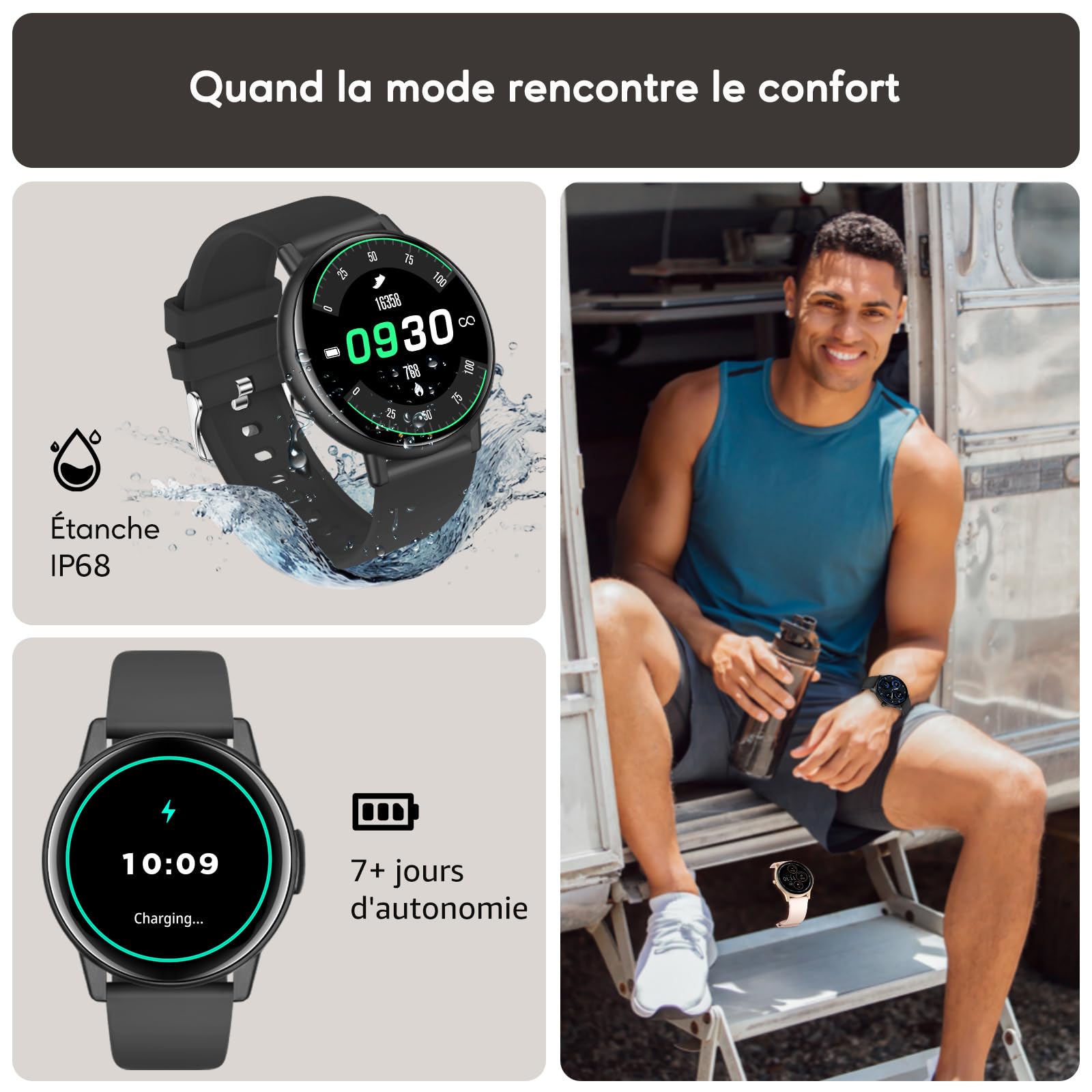 AcclaFit Montre Connectée Femme Homme, 1,38" Full Touch Smartwatch avec Répondre/Numéroter, 147+ Modes Sportifs, Compteur de Calories, Montre Connectee avec Fréquence Cardiaque pour Android iOS