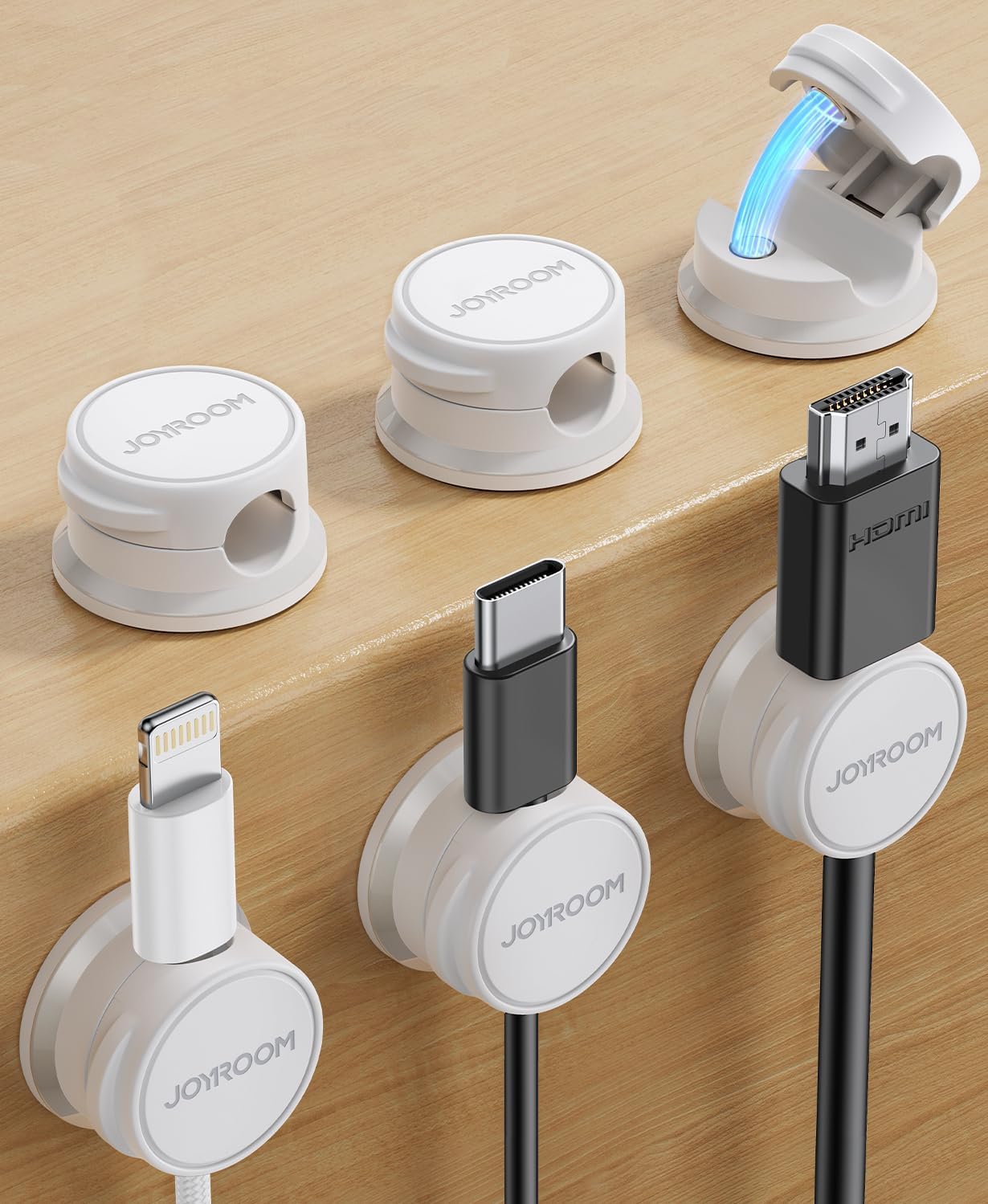 6 Pack Cable Tidy Clips Cord Organiser Magnetic Cable Management Self Adhesive Wire Holder for Desk, Nightstand, Charging Cables, HDMI, USB, Audio Cable, Office, Home, White