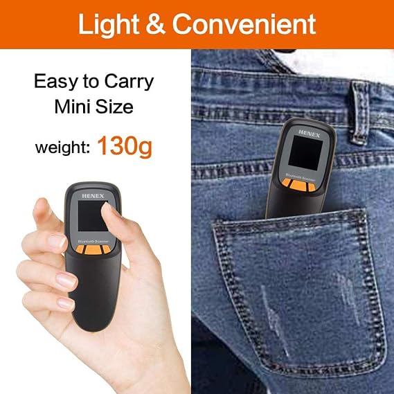 Mini Wireless Barcode Scanner with LCD Screen HENEX Portable 2D Barcode Reader 2.4G Wireless & Wired Bluetooth 3-in-1 Bar Code Scanner with Function of Counting and Storing Barcode(Black)