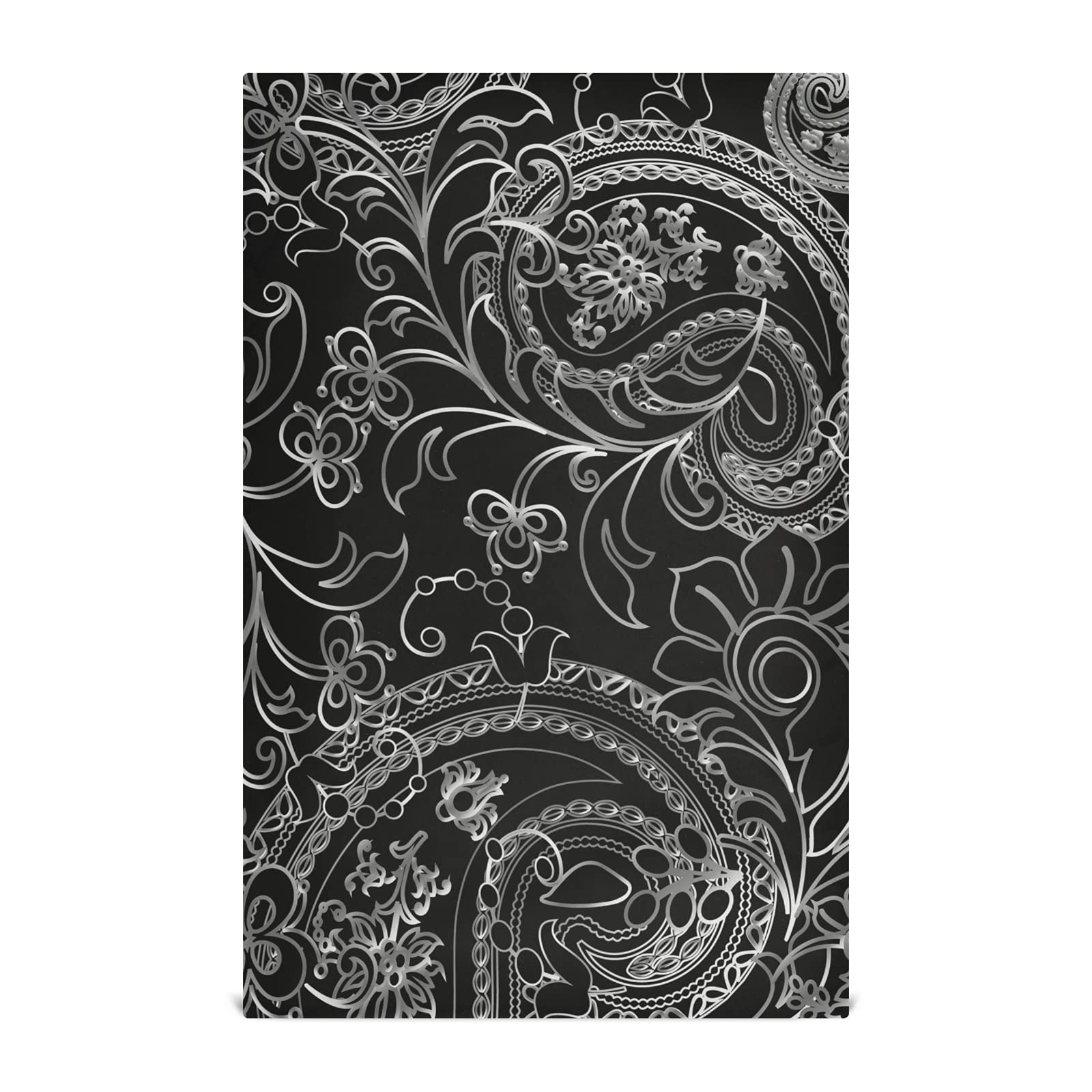 Silver White Paisley Flowers Leaves Royal Elegant Ornaments 4 Packs Polyester Kitchen Dish Towel, Hand Bar Tea Towels with Hanging Loop, Hemmed NapkinTowel Dishtowels Waffle Dishcloths