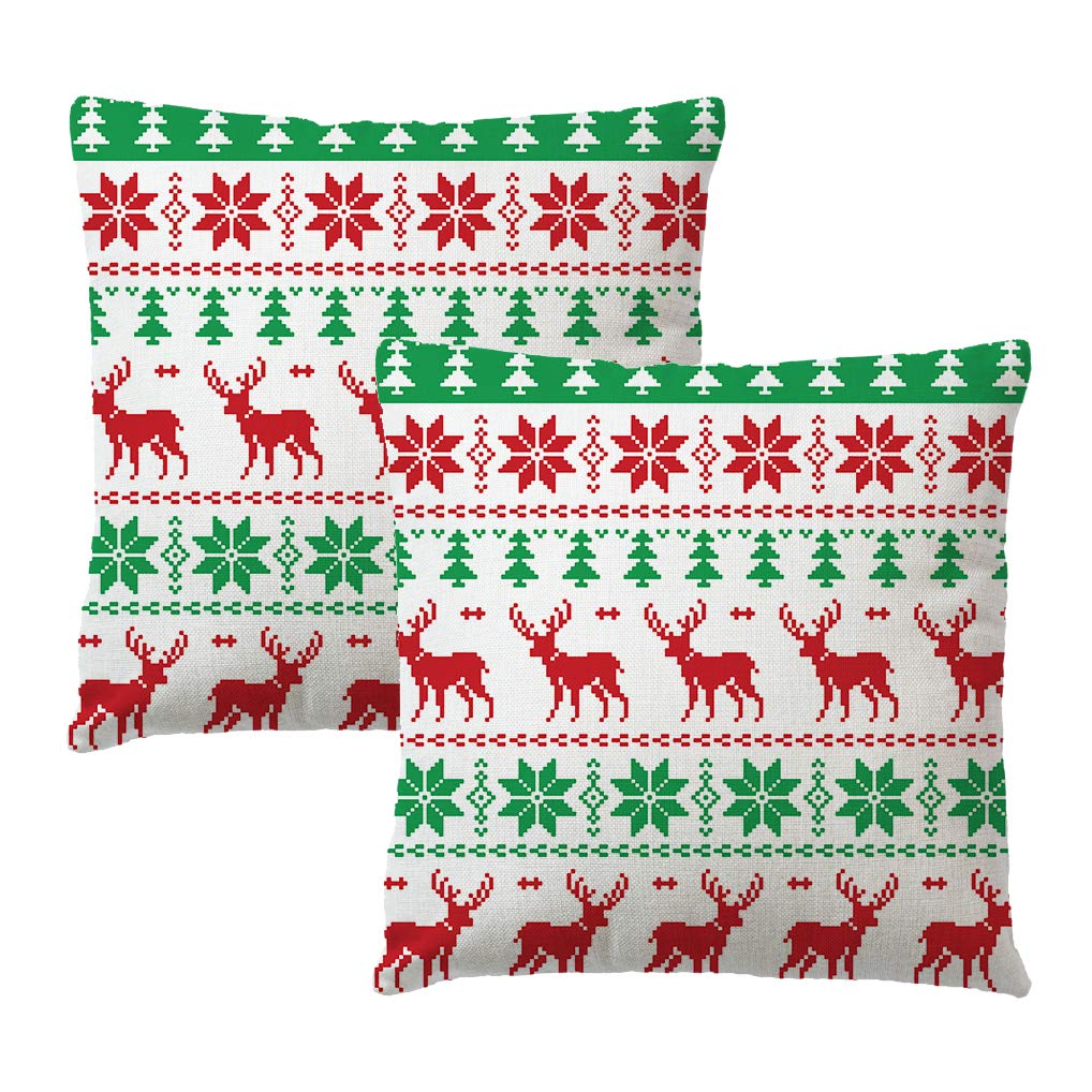 7ColorRoom Set of 2 Christmas Pillow Covers Happy Winter Christmas Tree Snowflake Animal Elk Cushion Cover Merry Christmas Home Decorative Cotton Linen Pillowcases 18"x 18" (Red/Whtie)