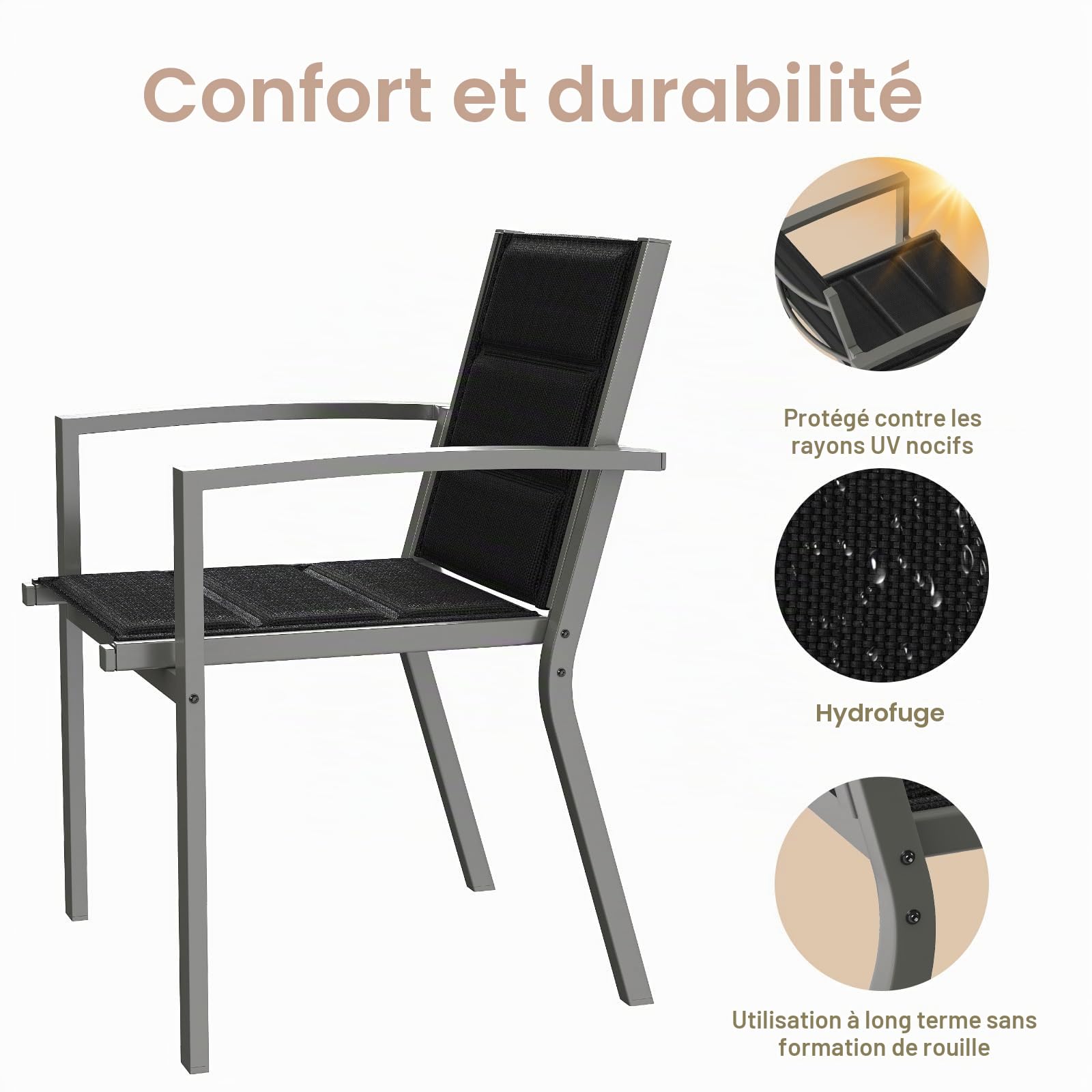 Devoko Chaises De Jardin Set De 6, Chaise De Salle À Manger Empilable en Aluminium, Fauteuil Jardin, Piscine, Terrasse, Salle À Manger, Meubles d'extérieu, Gris Clair