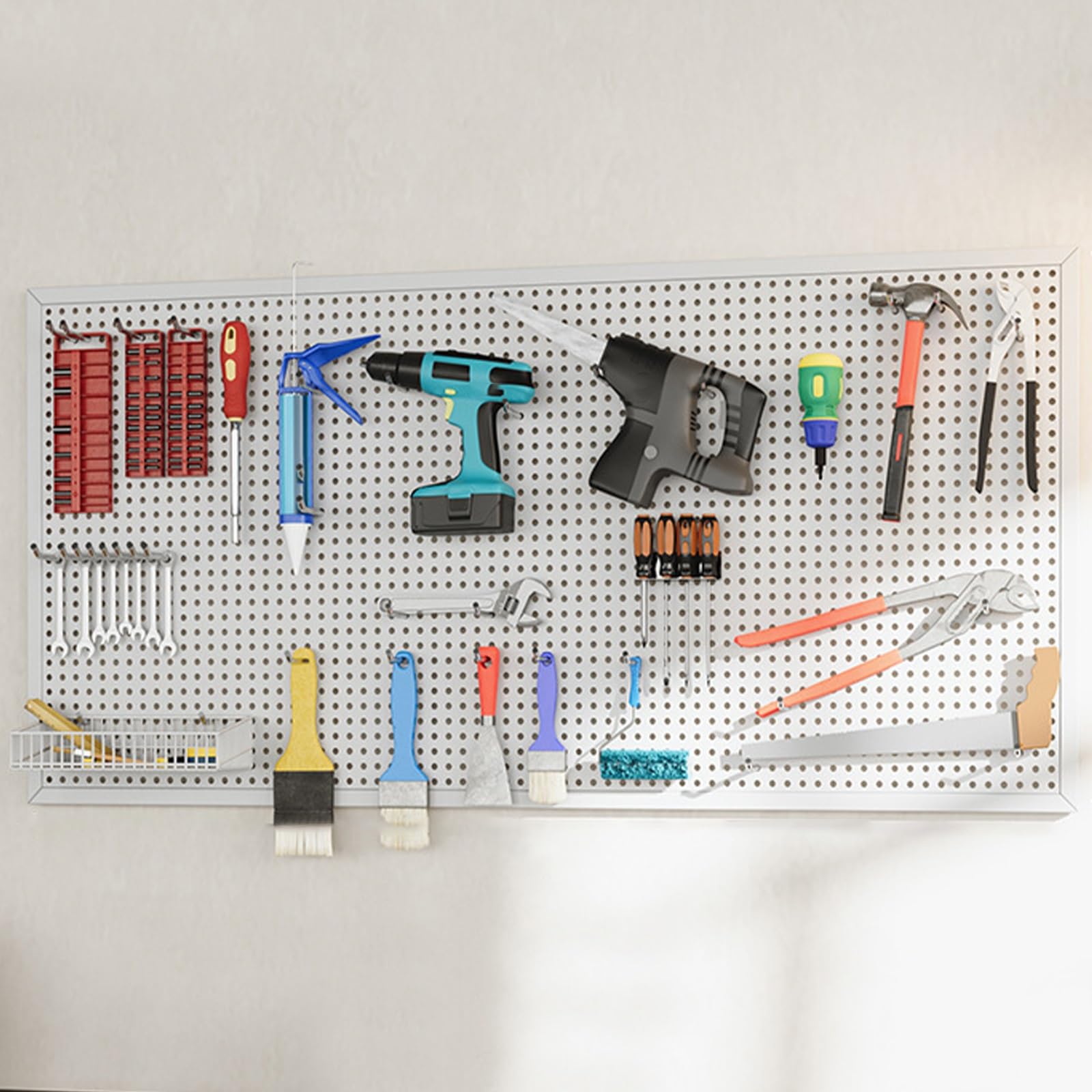 HeavyDuty metalowa tablica na narzędzia, organizer ścienny do garażu i warsztatu, mocne łożysko nośne, domowe rozwiązanie do przechowywania (biała, 120 x 60 cm / 47 x 24 cale)