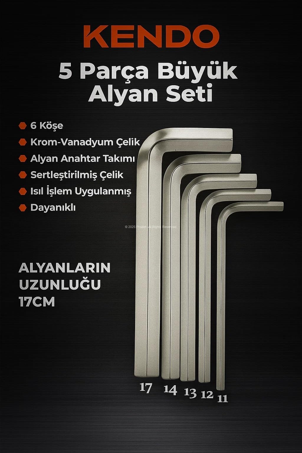Kendo 5 Parça Büyük Alyan Seti, Krom-Vanadyum Çelik, Alyan Anahtar Takımı, Sertleştirilmiş Çelik, Isıl İşlem Uygulanmış, Dayanıklı, Tamirat Aleti, Kavisli ve Estetik Tasarım