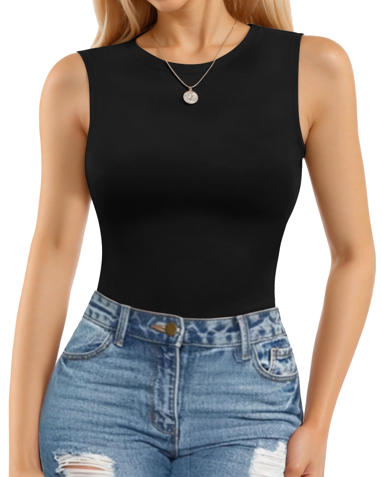MANGOPOPSleeveless Bodysuits for Women Crew Neck Tank Top Body Suit Basic Slim Fit Bodysuit Tops