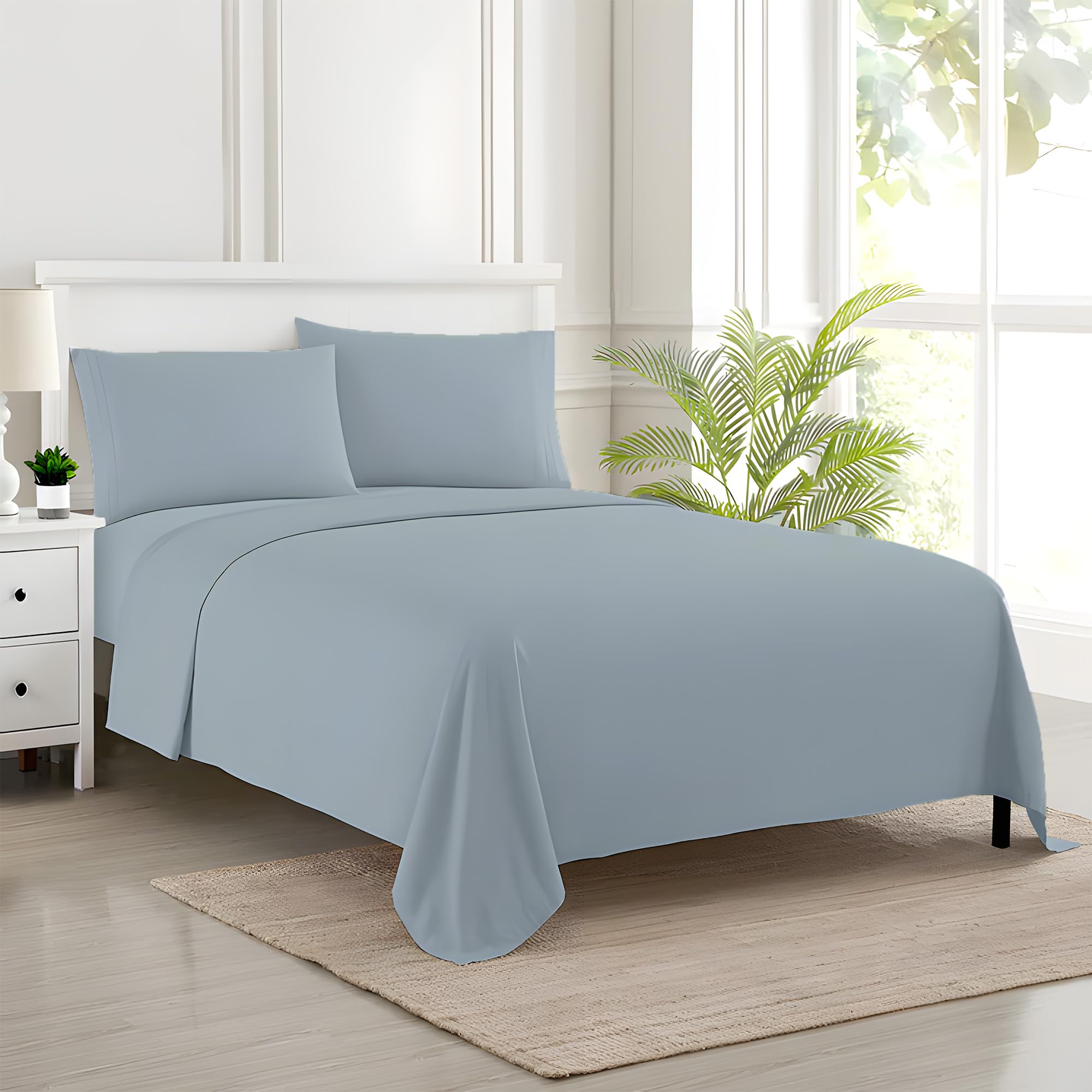 EverSoft Bedding 3PCS 100% Egyptian Cotton Flat Sheet Single Size with 2x Matching Pillowcase 400 Thread Count Ultra-Soft Long Staple Top Hotel Quality Bed Sheets