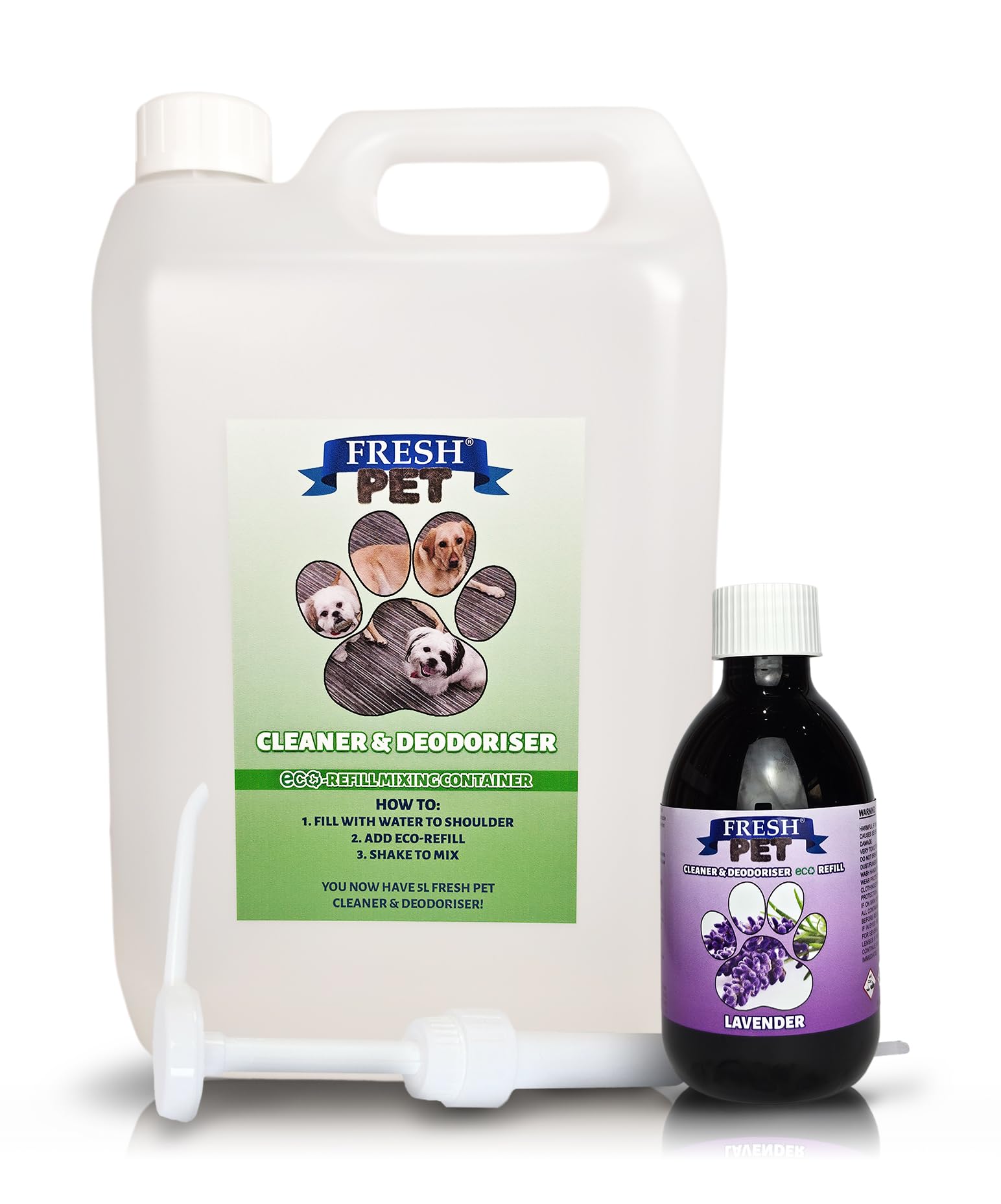 Trade Chemicals Fresh Pet eco-Refill Kennel Disinfectant 250ml w/Empty 5L + Pump (LAVENDER)