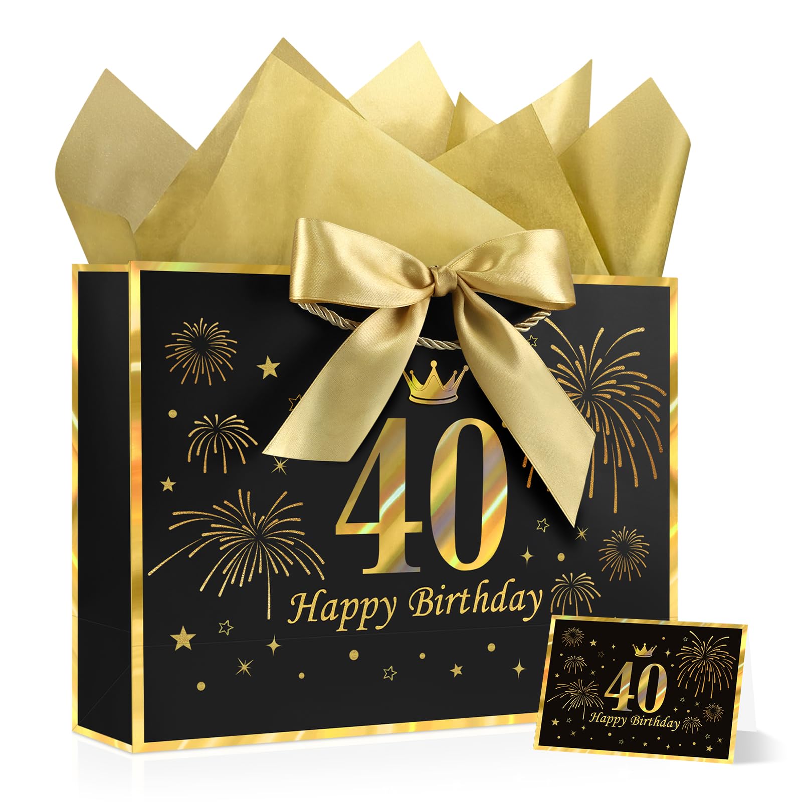 JMANNI Black Gold 40th Birthday Gift Bag with Card and Tissue Paper, 12.6"×9.84"×3.9" Elegant Present Bag for Adults, 40 Year Old Birthday Keepsake Party Supplies