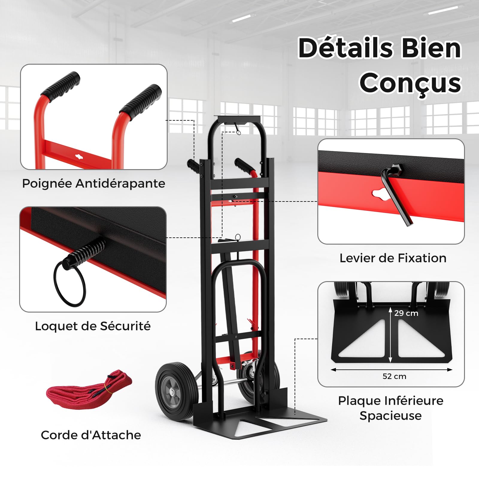 COSTWAY Diable Pliant en Métal 3 en 1 avec 4 Roues en Caoutchouc, Chariot de Transport Industriel Robuste Capacité 450 Kg, Diable Convertible pour Déménagement Entrepôt Maison, Noir+Rouge