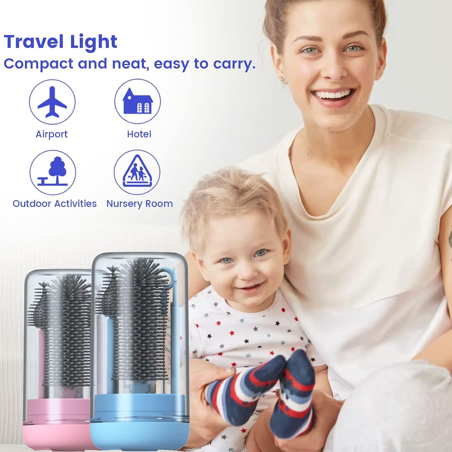 Travel Bottle Cleaner Kit, Silicone Baby Bottle Brush Set with Bottle Brush, Drying Rack, Nipple Brush,Straw Brush,Soap Dispenser, Portable Baby Bottle Brush Cleaner for Home and Travel,Blue