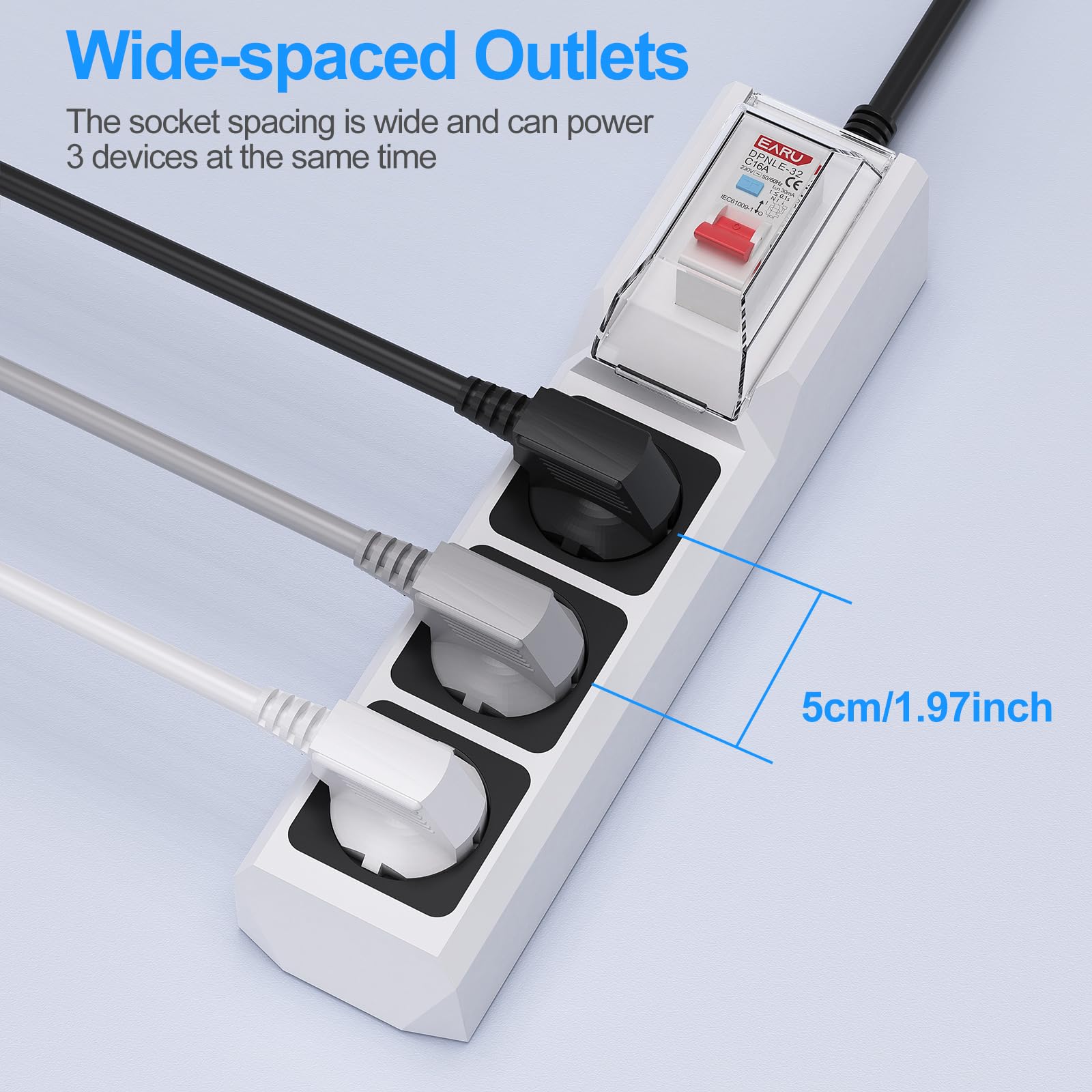 BEVA Enchufes con Interruptor Diferencial, RCD Regleta Enchufe(16A, 4000W) con 3 Tomas, Ladron Enchufe con Cable Alargador de 3M y Protección de Corriente de Fuga de 30mA, Blanco — view 5