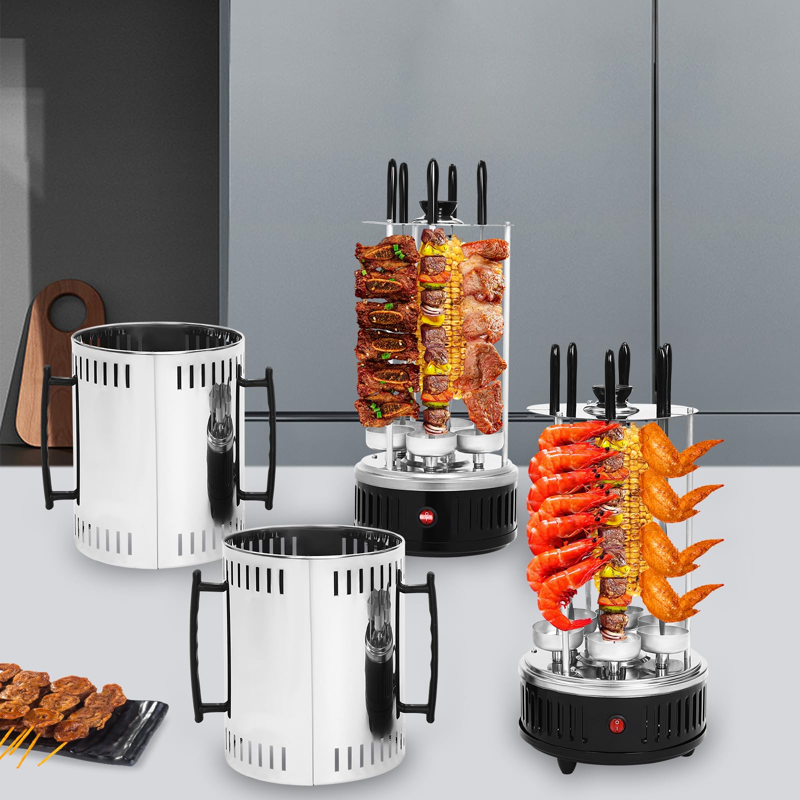 Pionowy grill elektryczny z 5/6 szpikulcami | automatyczna rotisseria 1000 W | niski poziom dymu i zdrowy | na rodzinne posiłki lub do gastronomii | stal nierdzewna | łatwy do czyszczenia