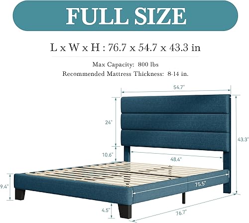 Miniatura 2 de HOOMIC Base de cama de tamaño matrimonial con cabecero, plataforma tapizada de tela, listones de madera fuerte, base de colchón de cama, no necesita