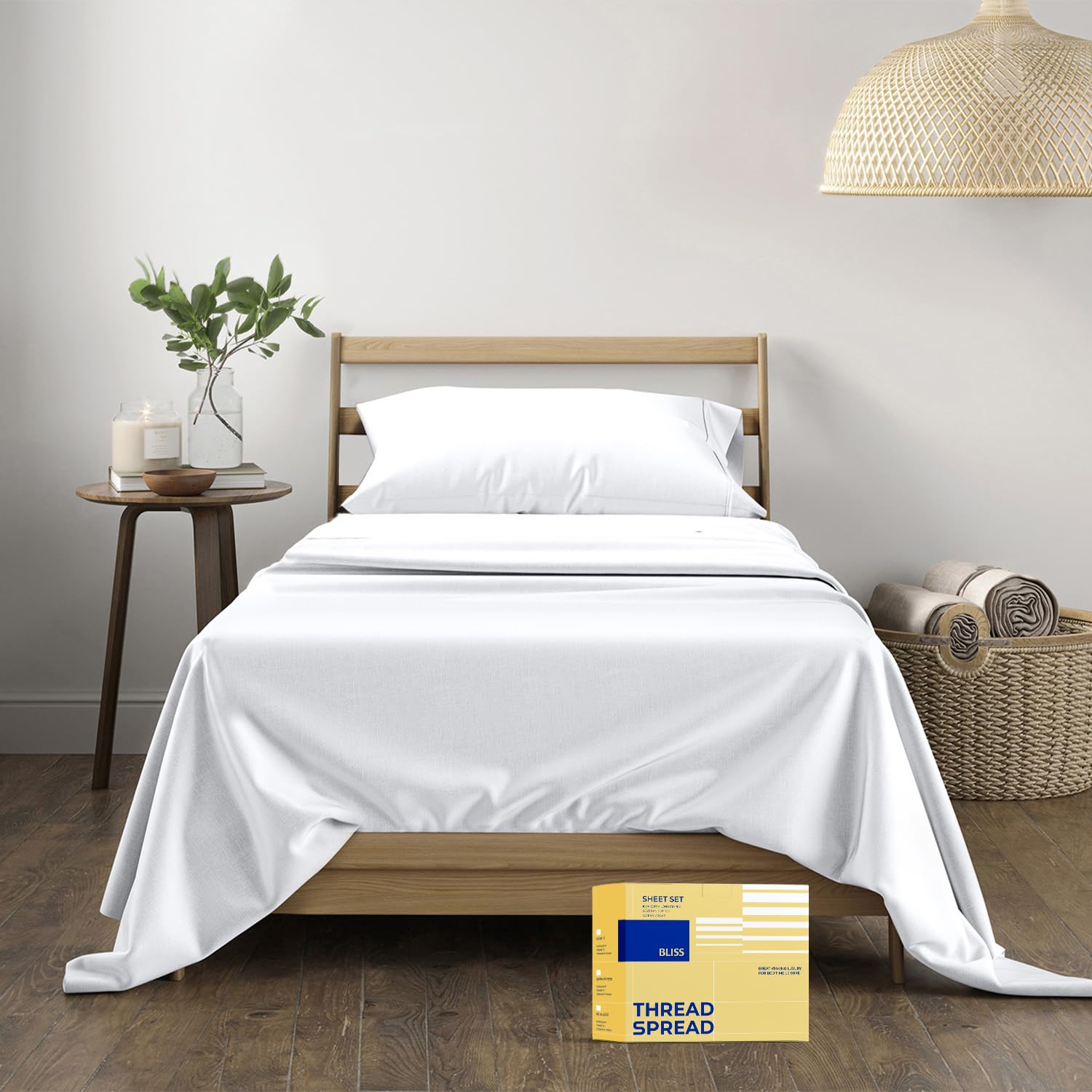 THREAD SPREAD 100% Egyptian Cotton Sheets Twin Size - 600 Series Bliss Collection Sheets, Deep Pocket (3 PC, White), Soft, Cooling Sateen Twin Sets