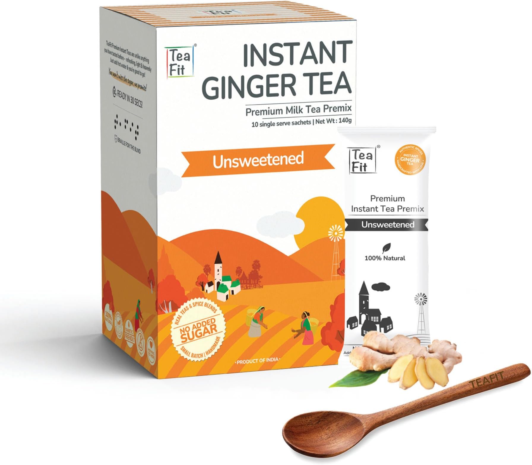 NO SUGAR Instant Ginger Tea Premix (Pack of 50 Sachets + Spoon) | Kadak Adrak Chai | Family Pack Sugar Free Chai | Healthy Diabetic Friendly Tea Premix | Ayurvedic Daily Wellness