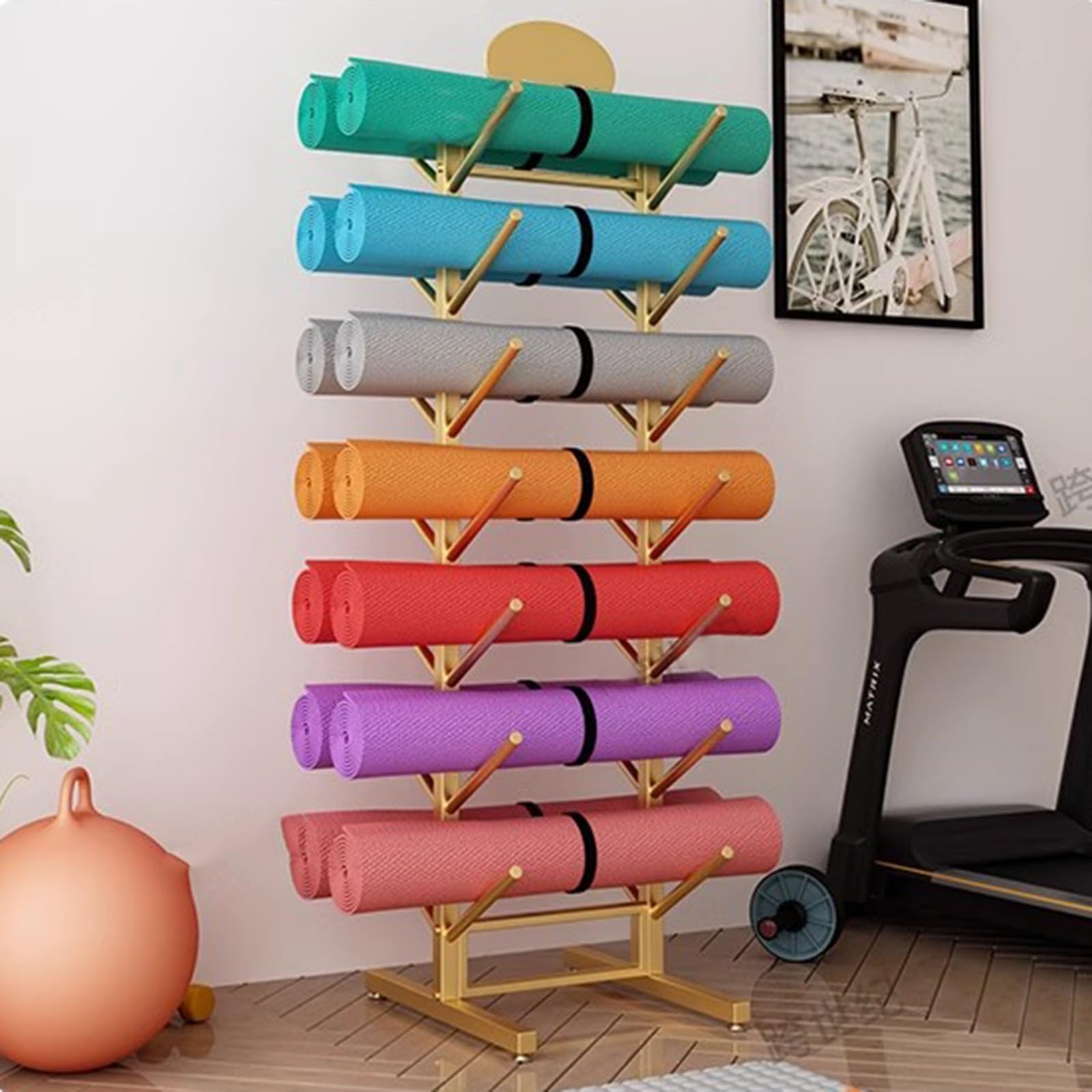 Stojak na matę do jogi do domowej siłowni, 150 cm wysokości, pionowy stalowy organizer, przechowuje 14 rolek piankowych, przechowywanie sprzętu fitness do studia jogi