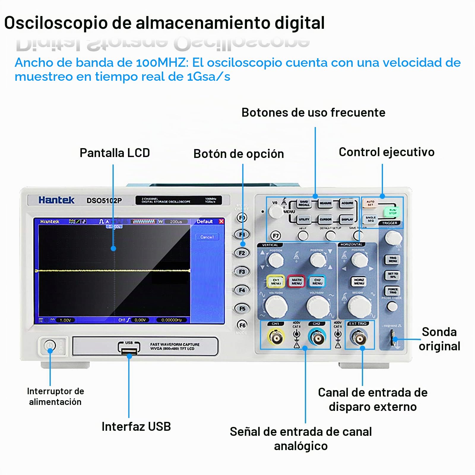 Hantek DSO5102P Osciloscopio digital, 2 canales, 1 GSa / s muestra en tiempo real, 100 MHz