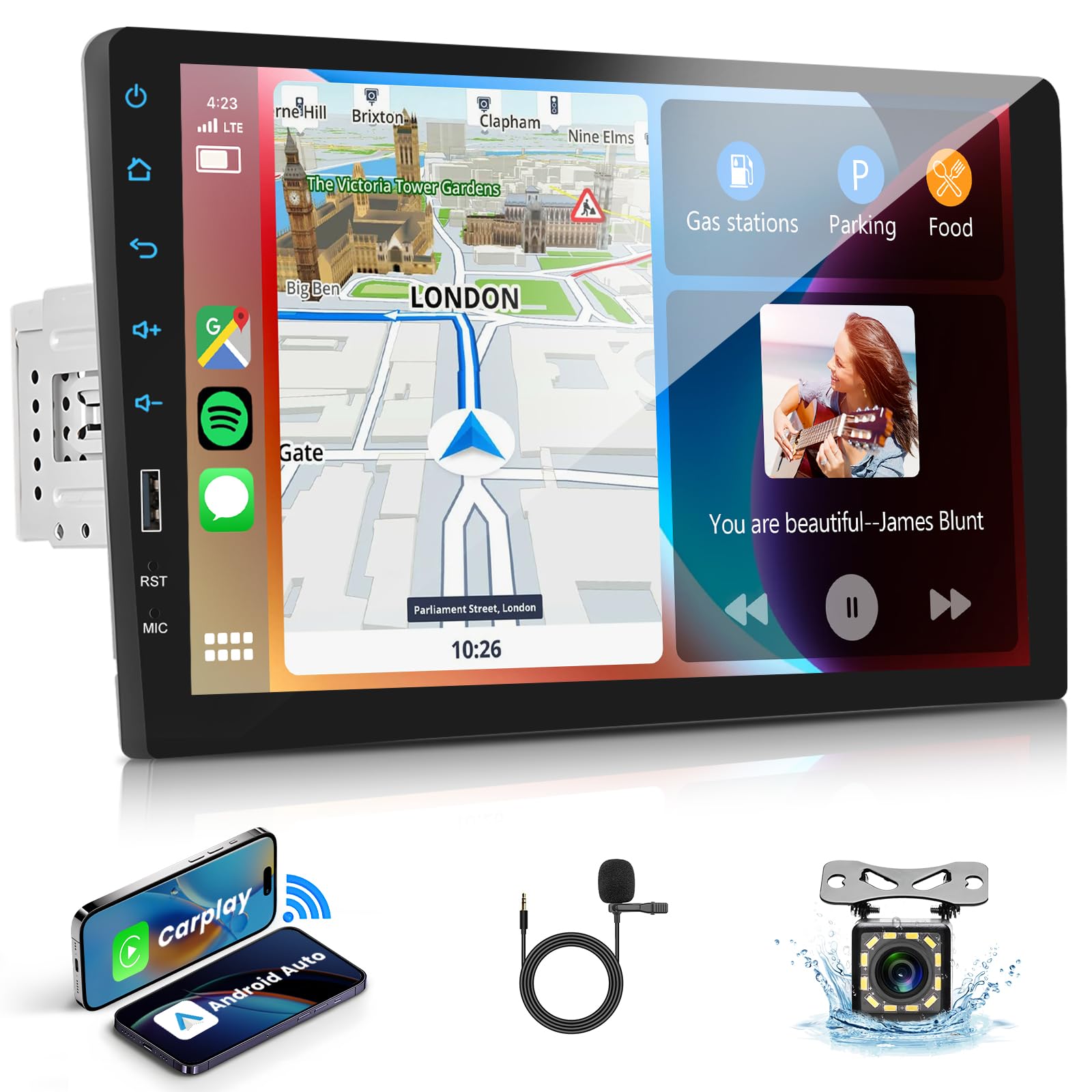 Radio Coche Bluetooth con Carplay Android Auto Inalámbrico, Autoradio 1 DIN con Pantalla Táctil de 9 Pulgadas, Radio FM, Soporte Mirror Link, USB, Controles en el Volante, Mic, Cámara Trasera