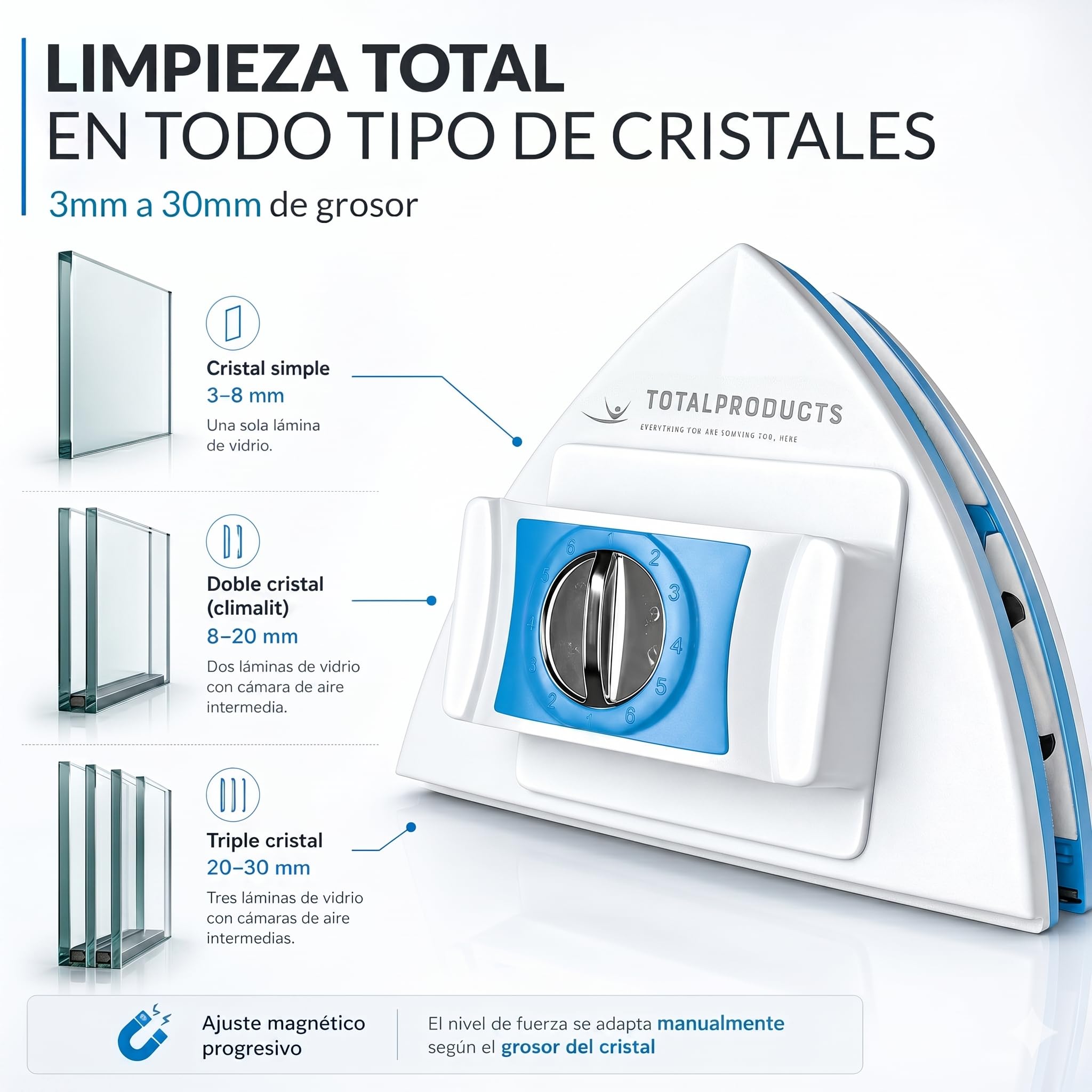 Limpia Cristales magnetico de 3 a 30mm, Limpia Ventanas climalit, limpiacristales Ajustable con iman, Pack de limpiaventanas + bayeta de Microfibra, para Uso Profesional y Personal.