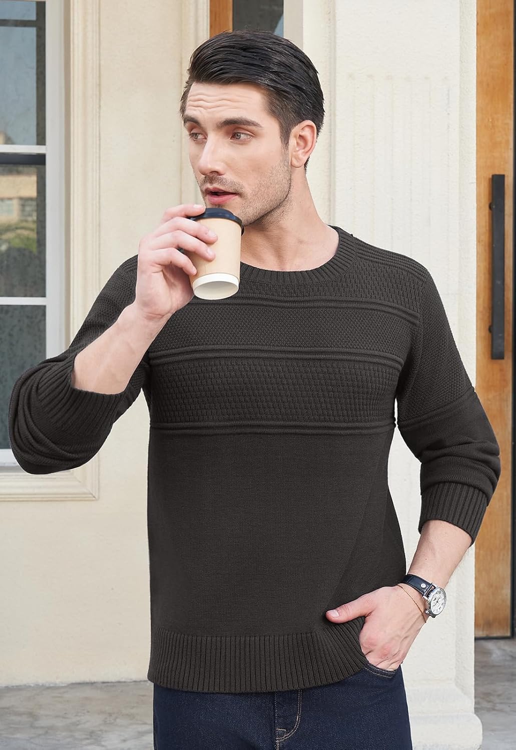 YTD Men's Crewneck Pullover Sweater Textured Knitted Sweaters Casual Loose Fit Sweaters with Ribbing Edge - Image 5
