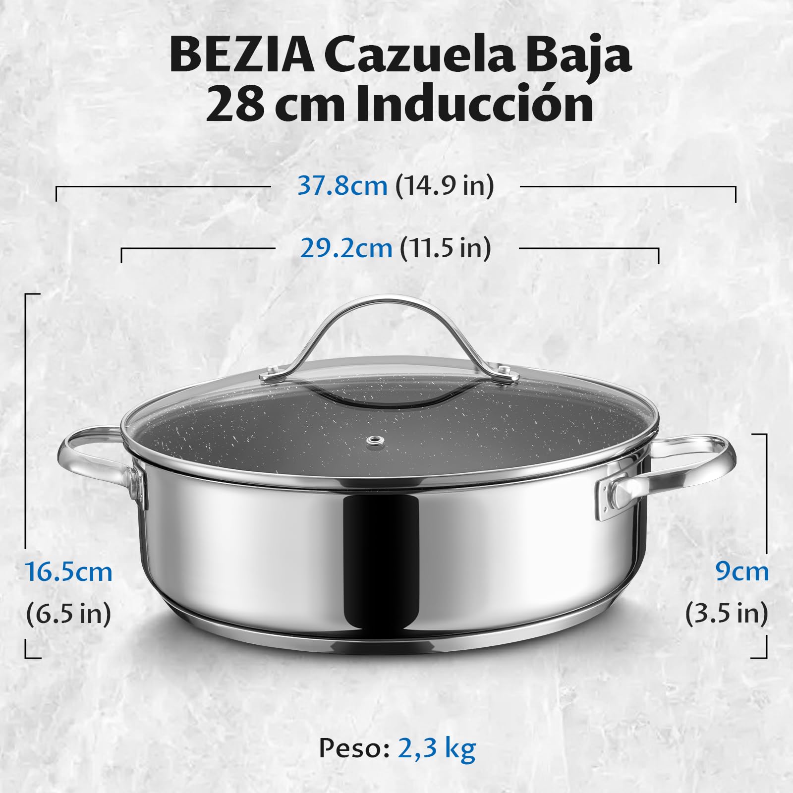 BEZIA Cacerola Baja Inducción 5.2 L Acero Inoxidable 18/10 Tapa Cristal | Bordes altos para todo tipo de cocinas y horno. Antiadherente sin PFOS, ideal para guisar, freír, asar y cocinar a diario