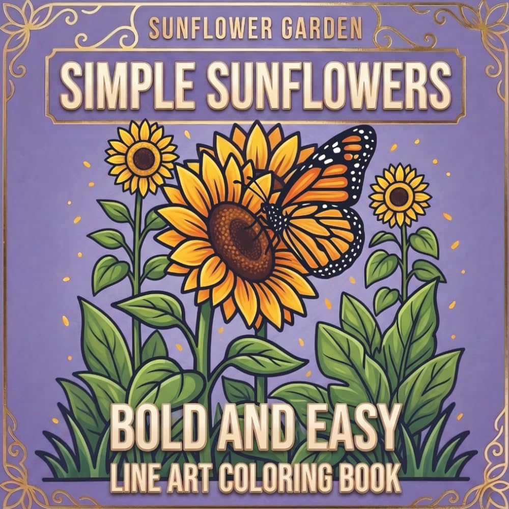 Simple Sunflowers Coloring Book: Bold and Easy Sunflower Garden Designs for Adults, Seniors, and Beginners — Stress Relief Illustrations with Bees, Birds, and Butterflies