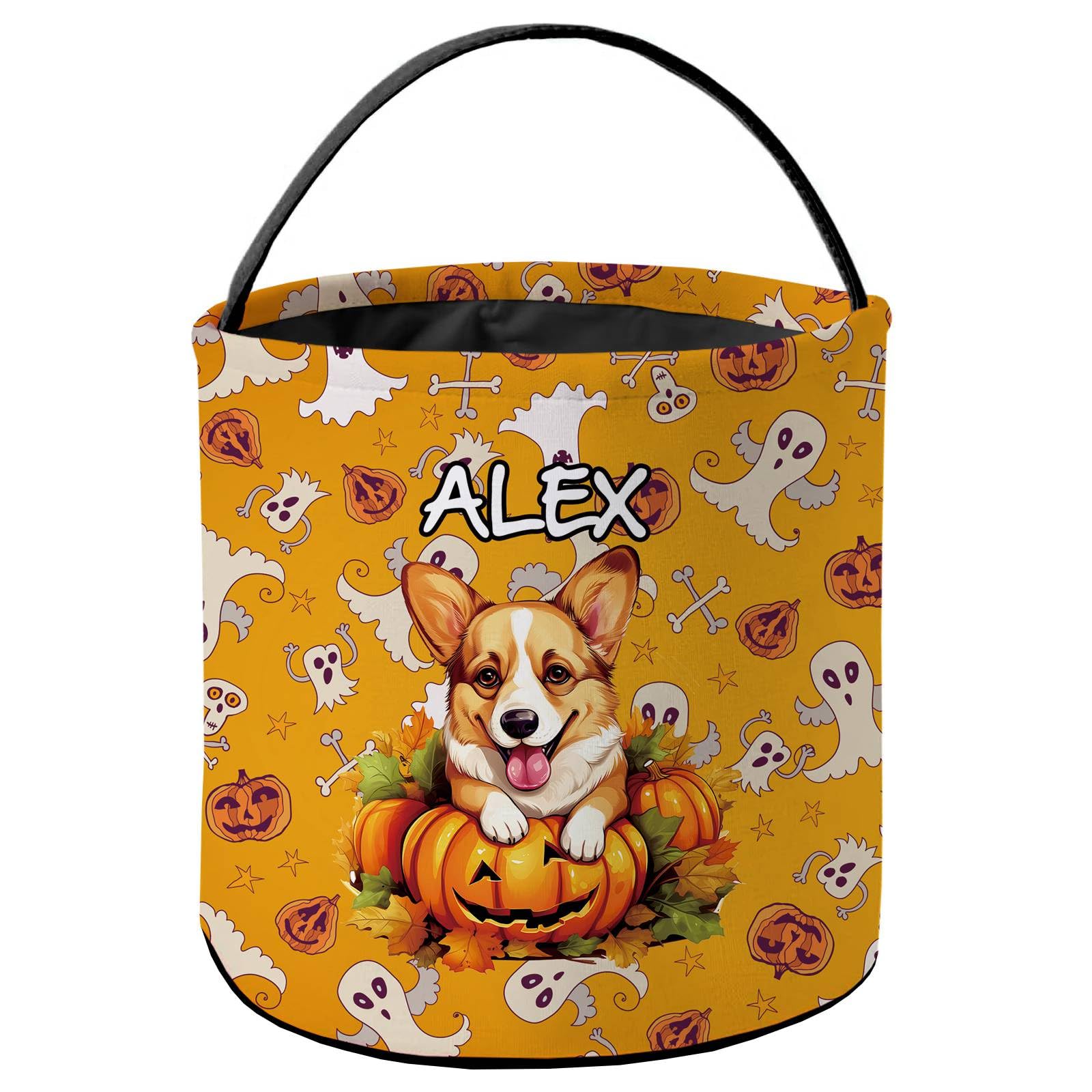 KafePross Personalized Halloween Trick or Treat Bag Pembroke Welsh Corgi Dog Smiling Puppy Pumkin Ghost Decor Basket Candy Gifts Bucket for Kids 9 x 9.8 Inch Yellow