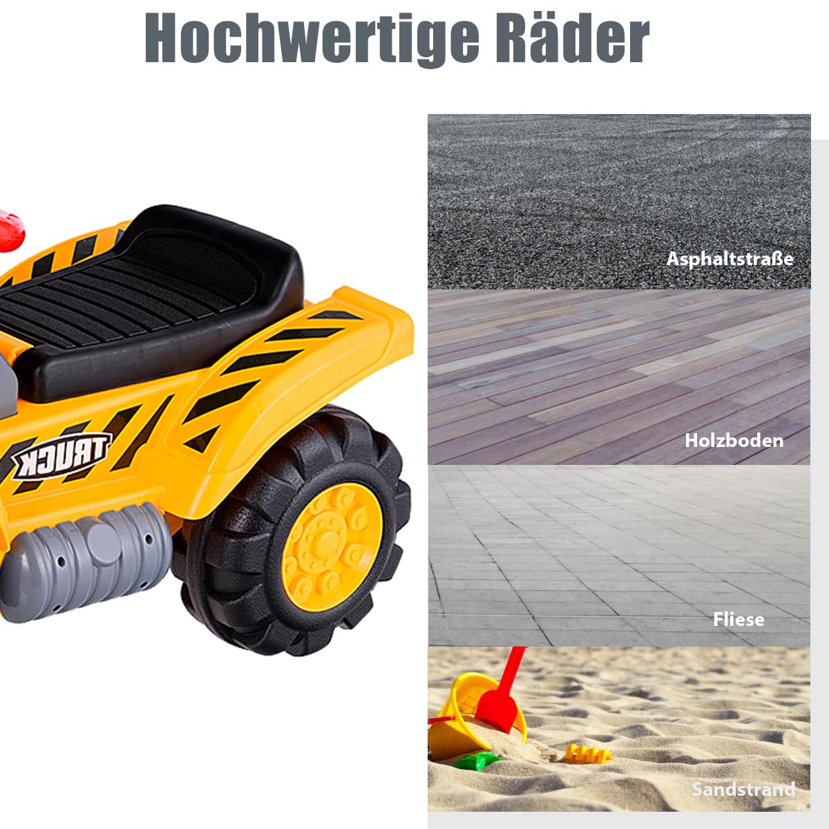 SOARS Sitzbagger, Aufsitzbagger mit Stauraum unter dem Sitz, Kinderbagger mit Horn & Soundeffekten, Sandkasten Bagger mit Verstellbarer Schaufel, inkl. Helm & 3 Spielzeug Stein