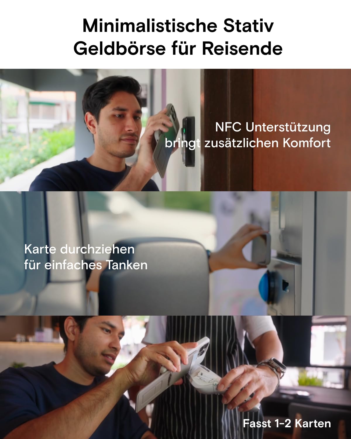 MOFT Kartenhalter & Handy Stativ Ständer, Kartenhalter Geldbörse mit Winkeleinstellung & Starken Magneten, Mini Selfie Stick Stativ für iPhone 17/16/15/14/13/12 Serie, Smartphone (Tiefes Schwarz)