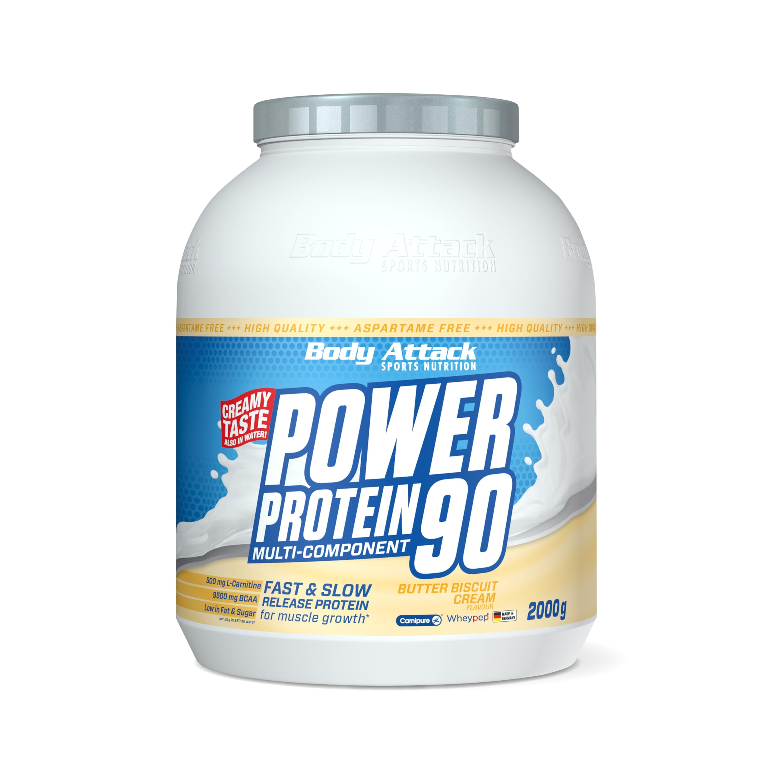 Body Attack Power Protein 90, Biscotto al burro, 2 kg, 5K proteine in polvere con proteine del siero di latte, L-carnitina e BCAA per la costruzione muscolare e il fitness