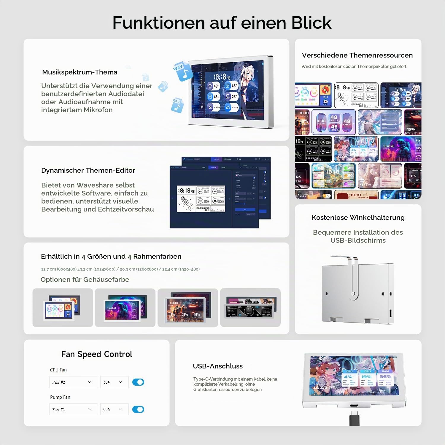 Waveshare 8.8inch USB Monitor 1920x480 Pixel AIO LCD Screen PC Case Secondary Screen Desktop RGB Ambient Screen IPS Panel with Music Spectrum Analysis Function Type-C Interface CNC Metal Case, Silver