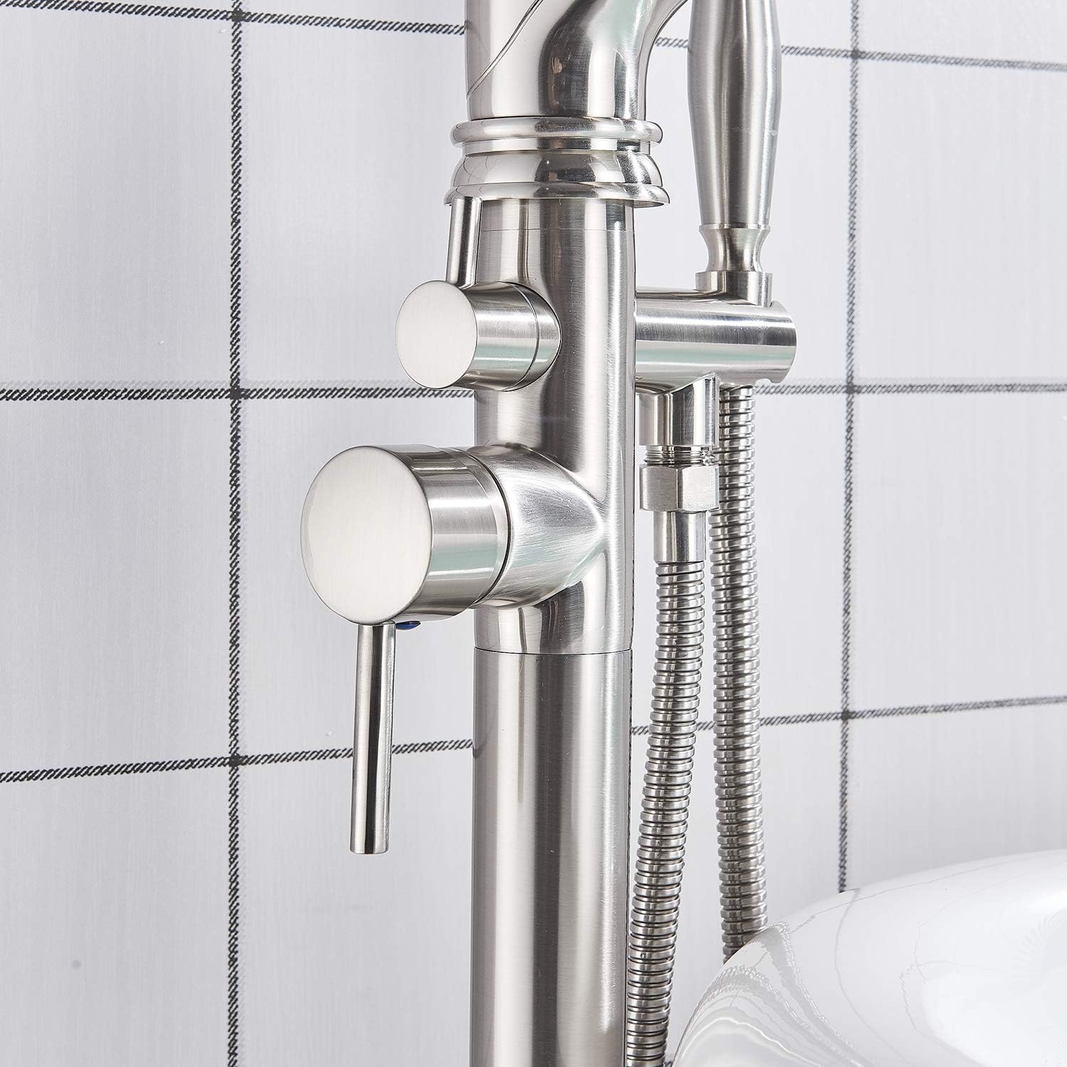 Review Discount Senlesen Brushed Nickel Bathroom Single Handle Freestanding Bathtub Faucet Floor Mounted Waterfall Tub Filler with Hand Shower Set