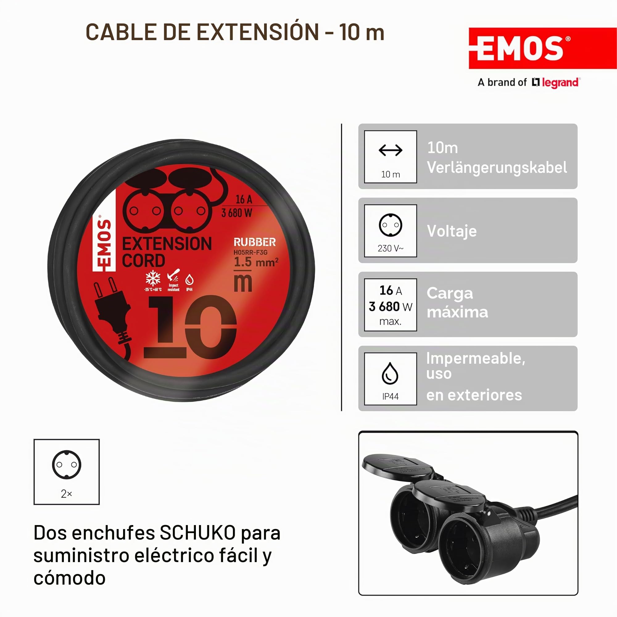 EMOS cable alargador IP44 10 m, 2 Schuko, resistente agua, calor, golpes, 230 V 16 A 3680 W, goma H05RR-F3G 1.5 mm², exteriores, negro