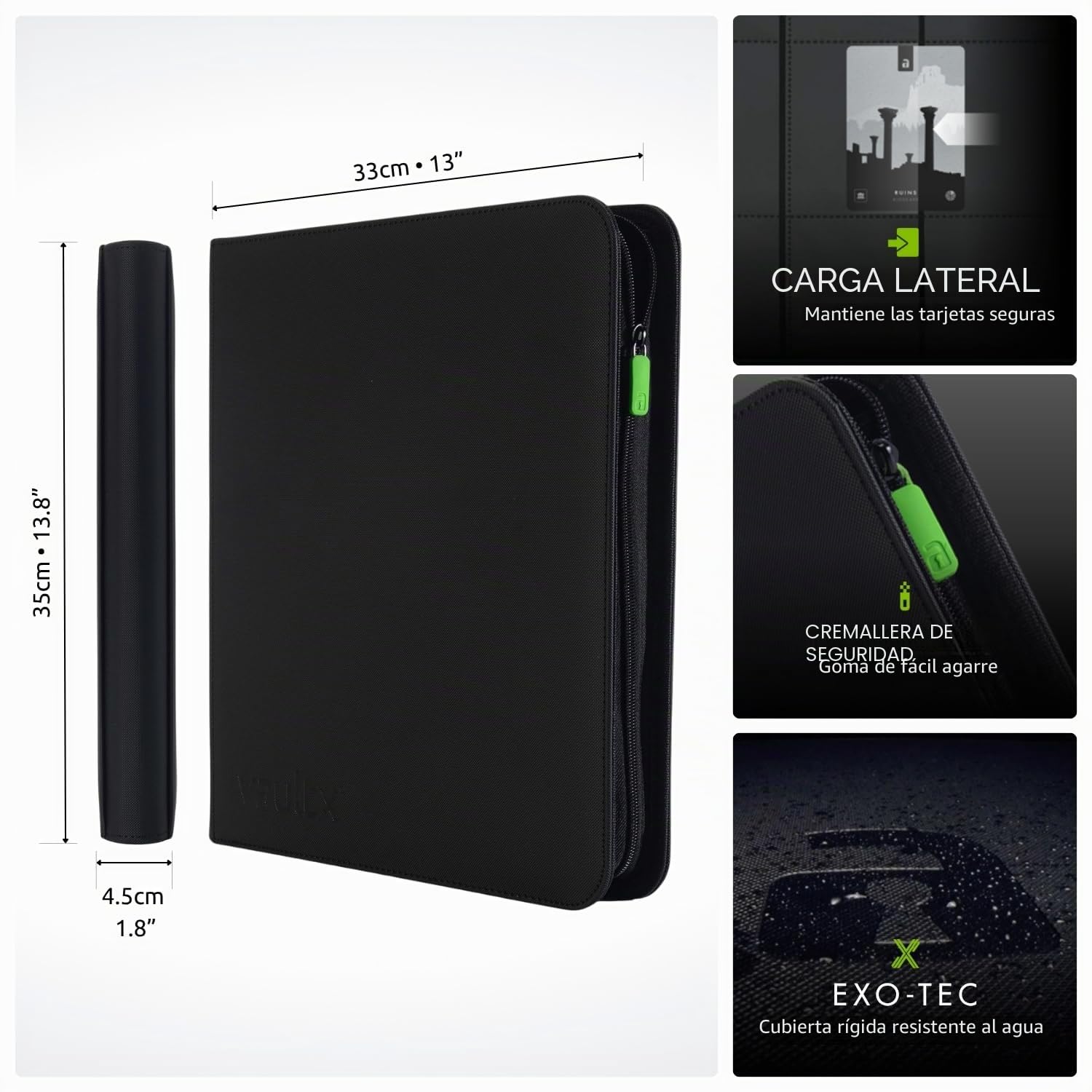 Vault X Álbum Exo-Tec XL con Cremallera, para 624 Cartas Coleccionables, 12 Bolsillos, 26 Páginas de Carga Lateral (Negro)