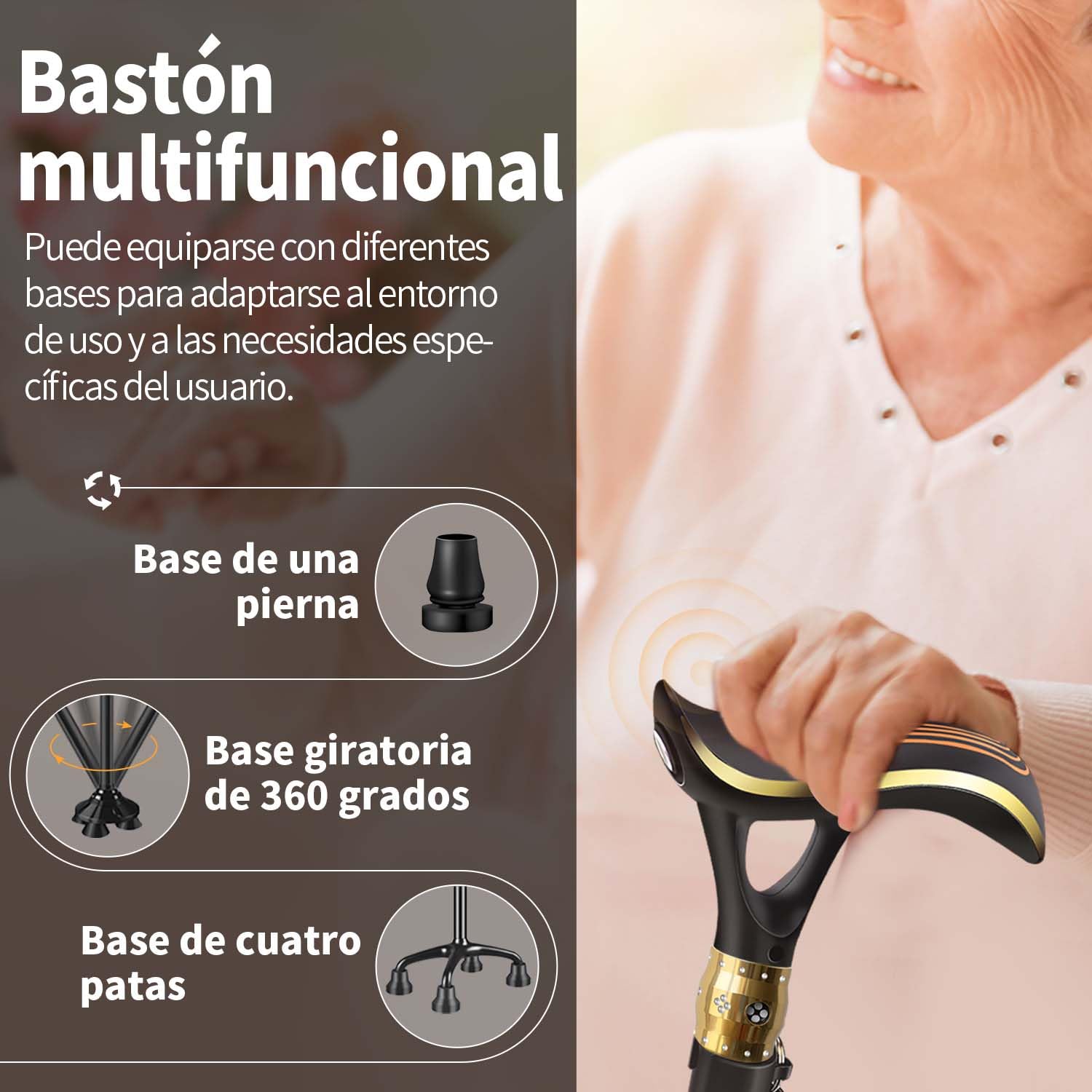 Bastón multifunción para hombre y mujer con alarma y función de iluminación LED, equipado con 3 tipos de zócalos diferentes, bastones de alta calidad para personas mayores