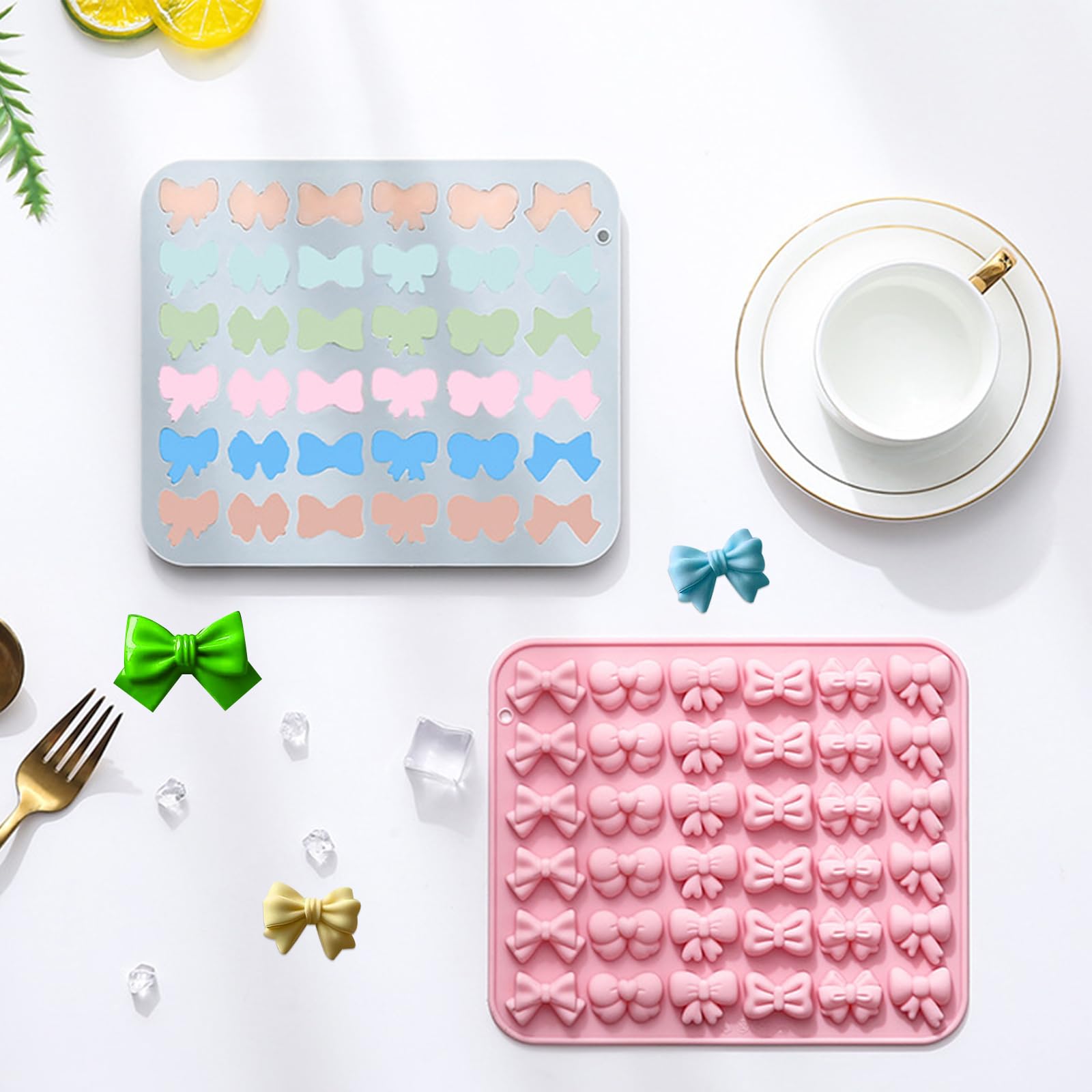 Paquete de 3 moldes de lazo de mariposa, 3 moldes de silicona con 108 cavidades con 6 formas diferentes, perfecto para chocolate, fondant, galletas, pasteles, caramelos, gelatina, pastelería
