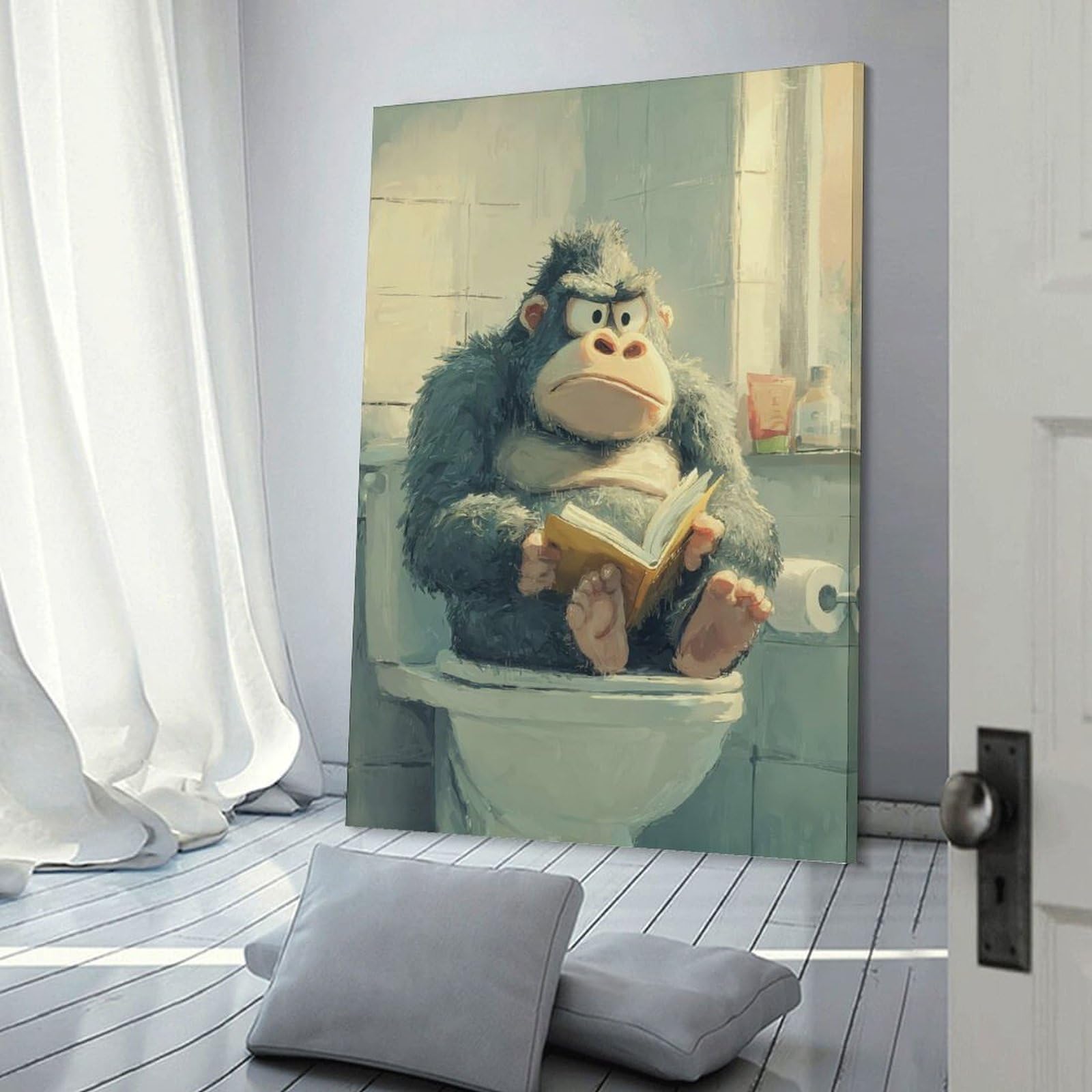 Junmoney Gorilla Reading on Toilet Canvas Wall Decor, 24x36inch(60x90cm), for Gallery Wall Decor And Room Displays, Wall Decor Suited to Curated Displays