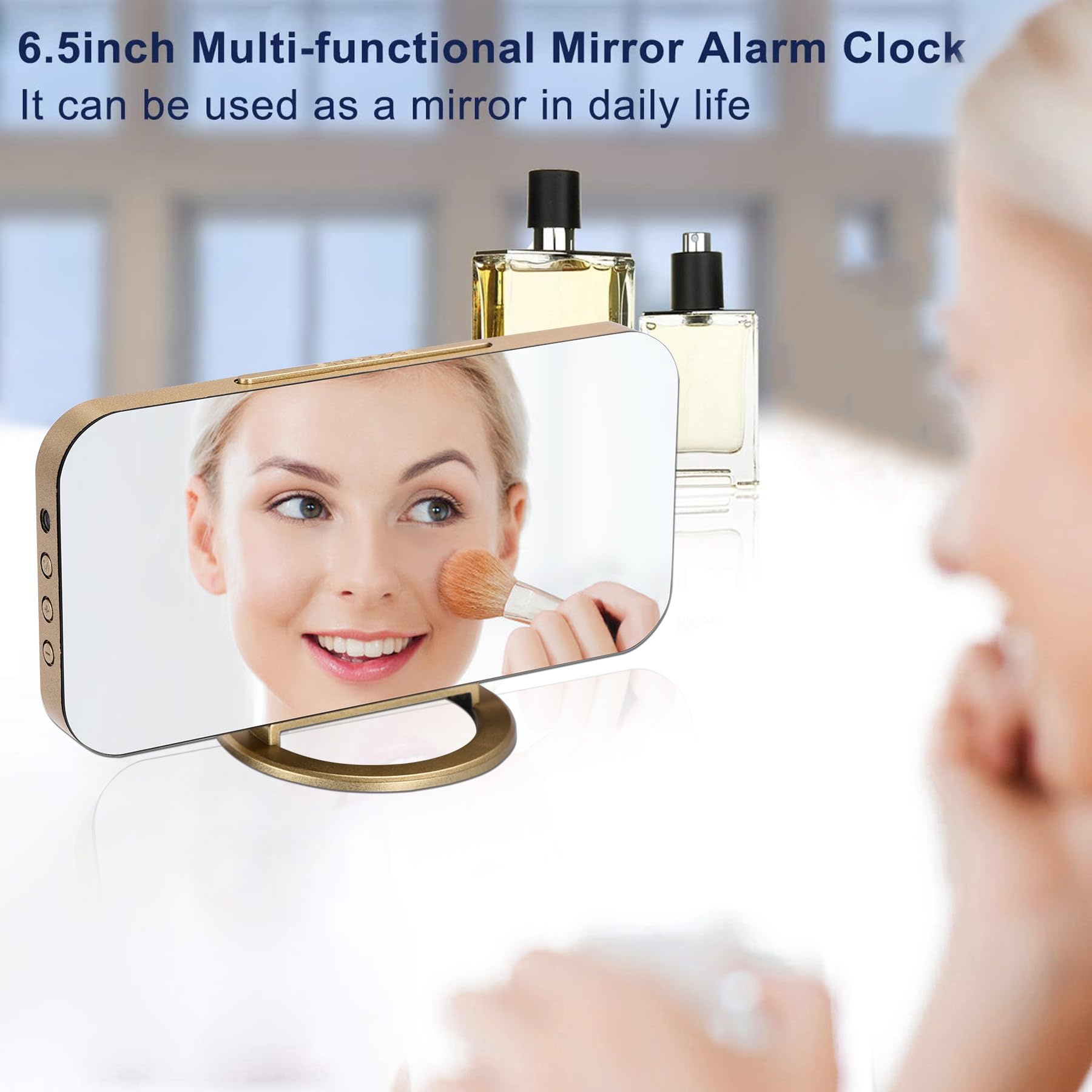 U-picks Sveglia a specchio, Sveglia digitale Ampio display a LED da 6,5 "con modalità di rilevamento della luce, luminosità regolabile, 2 porte di ricarica USB Grande pulsante SNOOZE (oro)