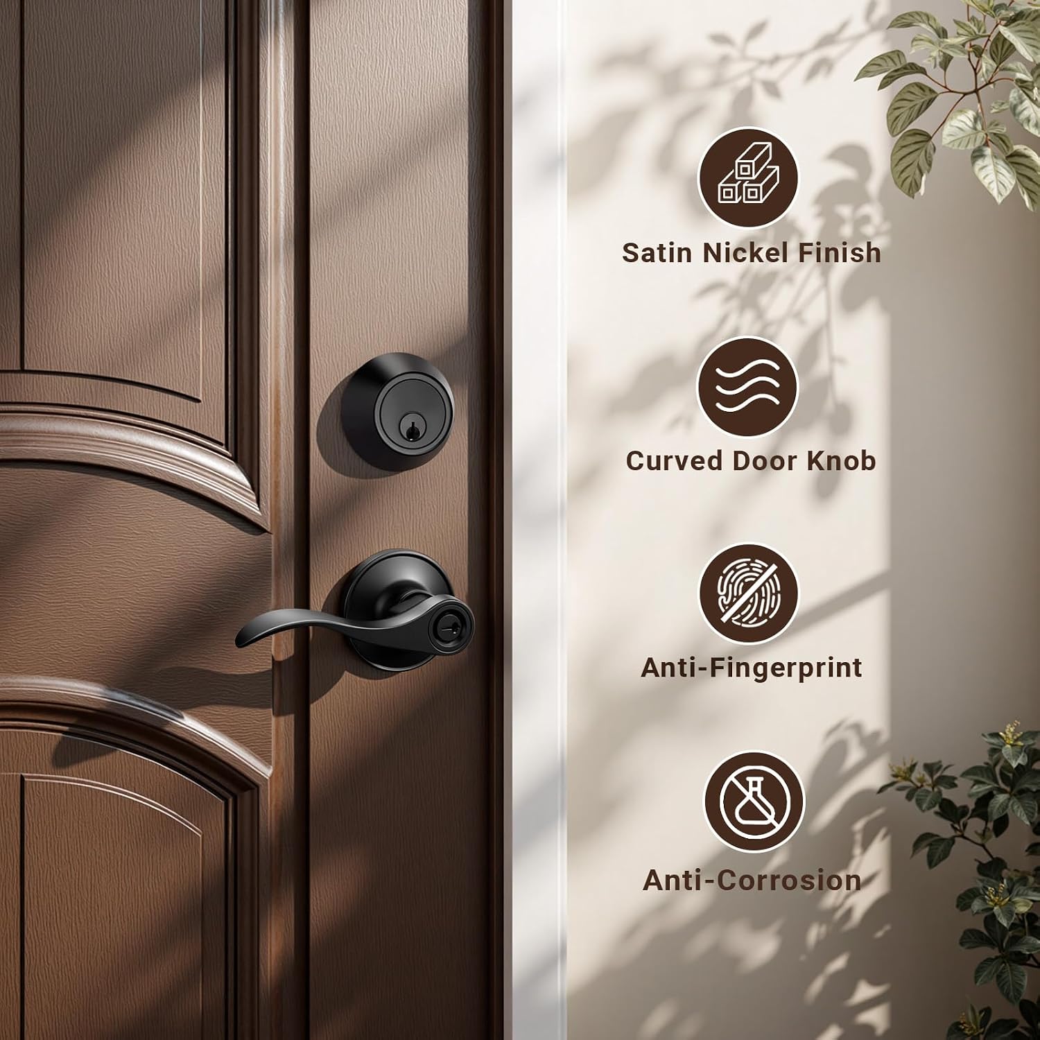 Knobonly 1 Set Entry Door Lever and Deadbolt Lock Set, Deadbolts Keyed Both Sides, All Keyed Same, Wave Style Front and Exterior Door Handleset with Double Cylinder, Matte Black Finish