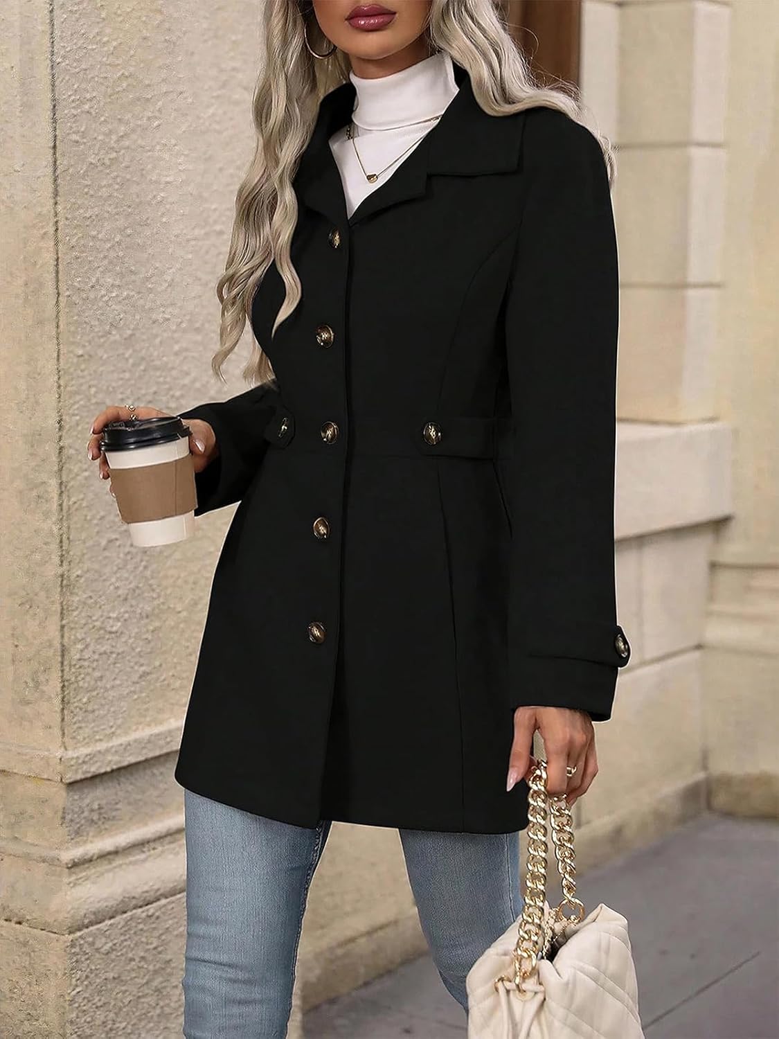 Women's Single Breasted Pea Coat Winter Notched Lapel Mid Long Wool Blend Trench Coat