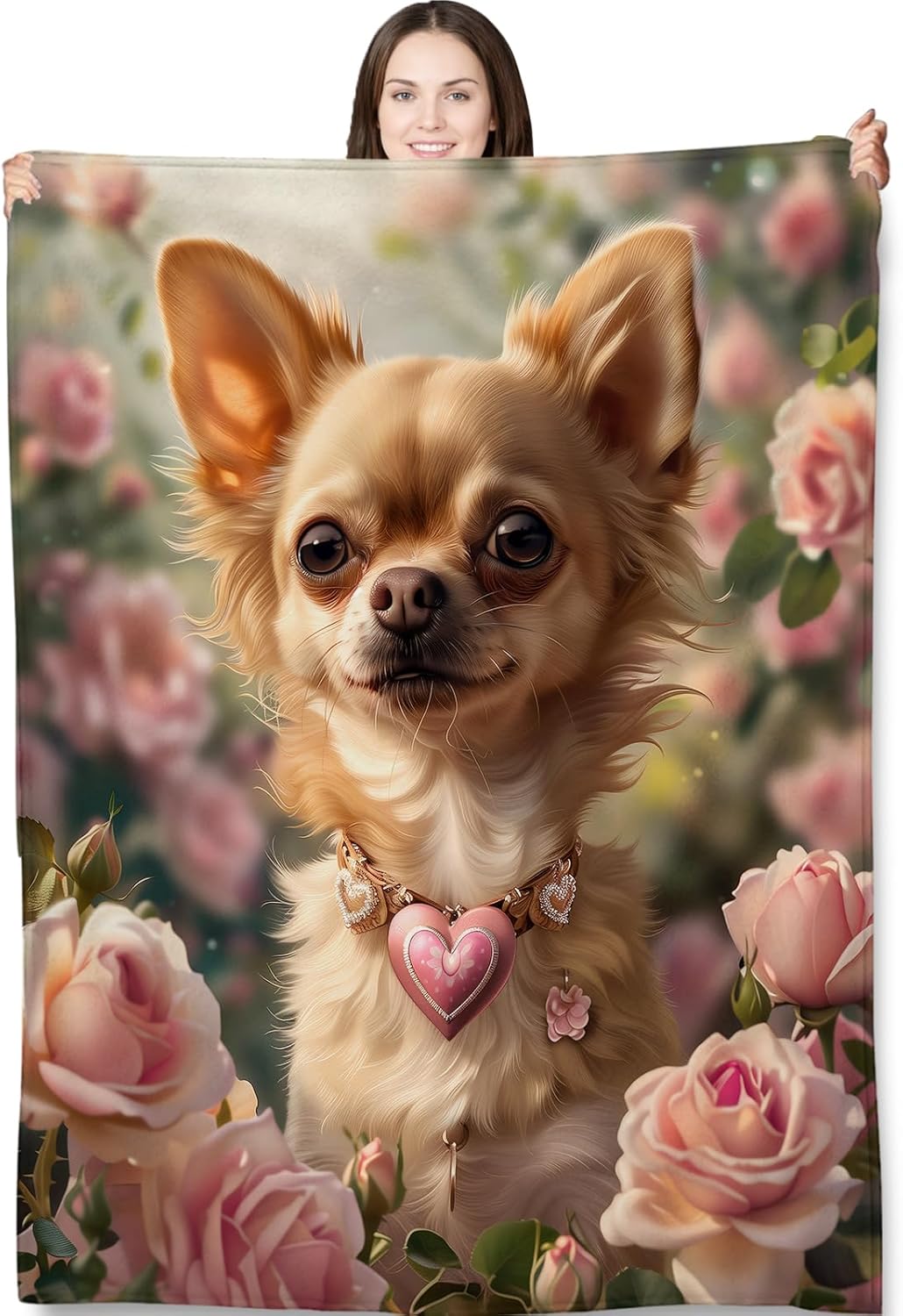 Chihuahua Rose Garden Throw Blanket 50"x60", Floral Dog Blankets for Living Room Bedroom Decor, Warm Flannel Plush Gifts for Dog Lovers Women
