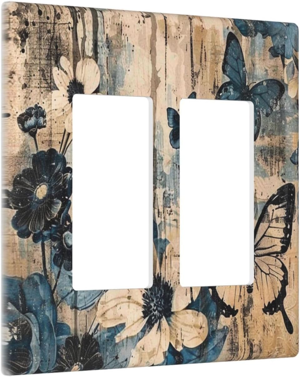 ROUGUI Decorative Outlet Covers Rustic Blue and Beige Flower Vintage Black Butterfly 2 Gang Wall Plate Double Rocker Decora Light Switch Cover Plate Jumbo Dual Electrical GFCI Switch Plate Cover