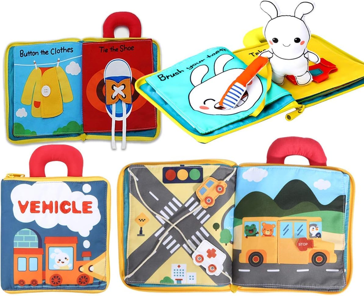 beiens 3Pcs My Quiet Books, 9 Theme Soft Activity Books for Babies, Toddler Learning Sensory Story Book, Life Skill Education & Identify 3D Cloth Busy Books for Infants, Boys and Girls Soft Toy