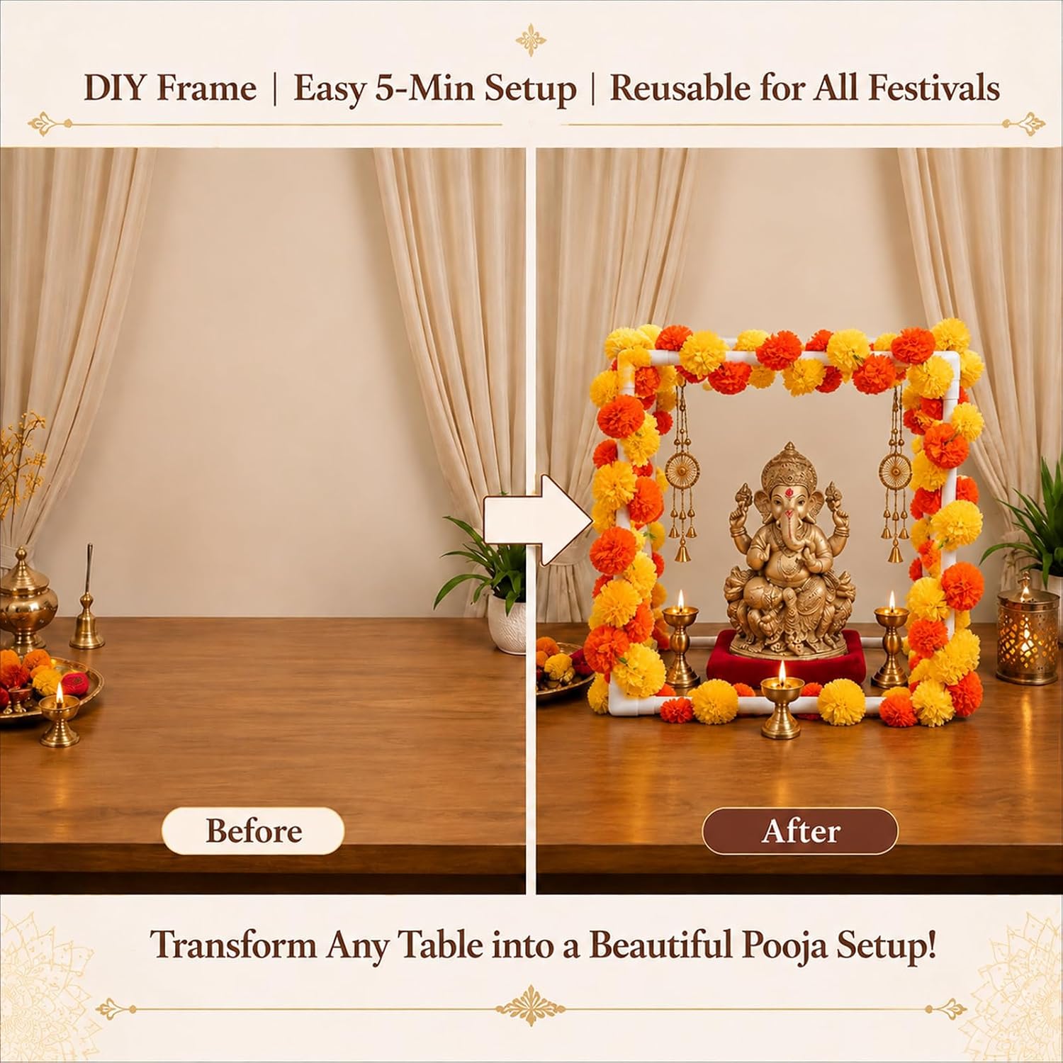 Ganpati Decor Marigold Garland with Mandap Tent Frame for Diwali Pooja